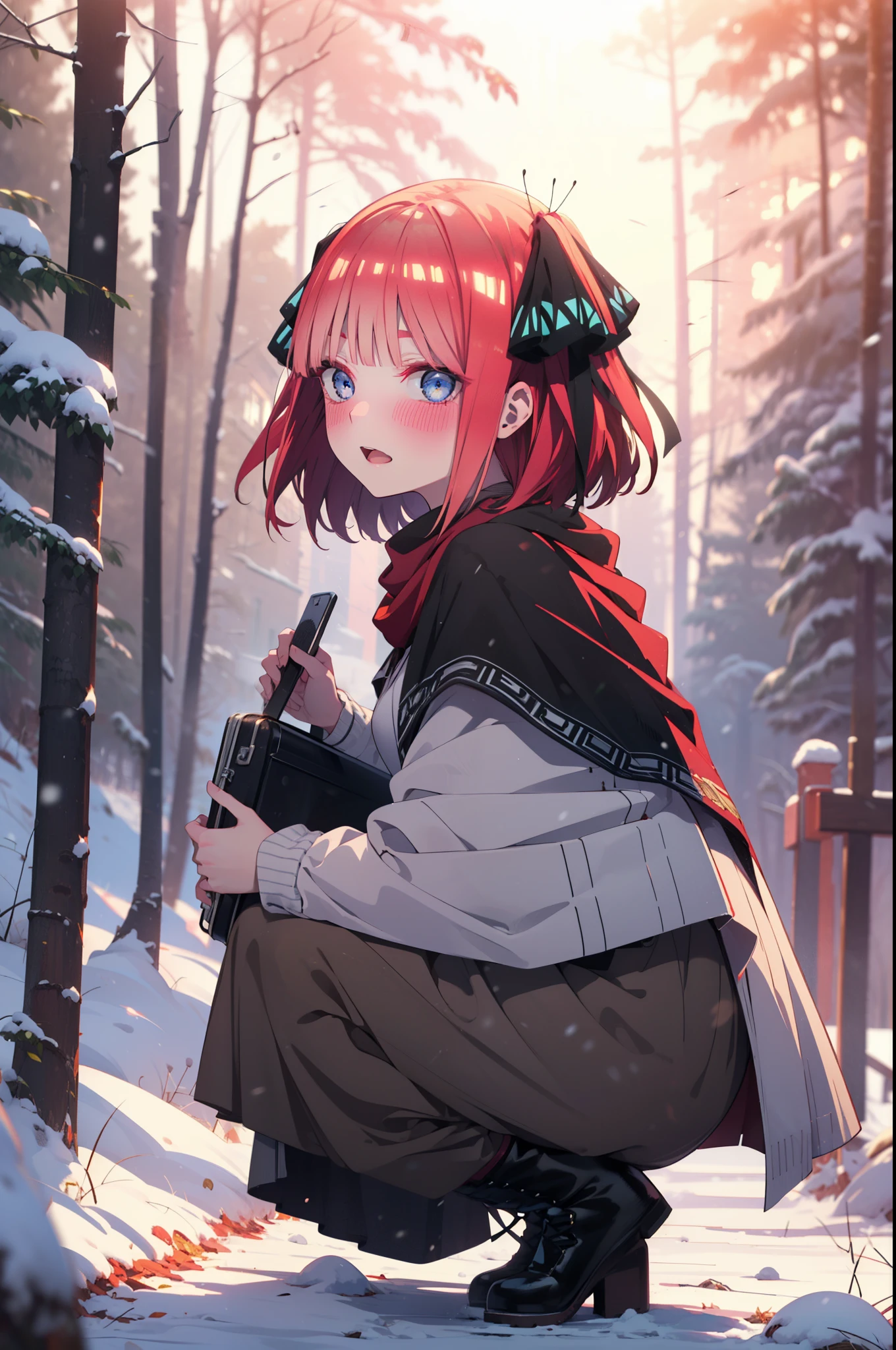 I was silent, Nino Nakano, short hair, bangs, blue eyes, hair ornaments, Hair Ribbon, Pink Hair, blunt bangs, Both sides up, butterfly hair ornaments,smile,blush,White Breath,
Open your mouth,snow,A bonfire on the ground, Outdoor, boots, snowing, From the side, wood, suitcase, Cape, Blurred, Increase your meals, forest, White handbag, nature,  Squat, Mouth closed, フードed Cape, winter, Written boundary depth, Black shoes, red Cape break looking at viewer, Upper Body, whole body, break Outdoor, forest, nature, break (masterpiece:1.2), highest quality, High resolution, unity 8k wallpaper, (shape:0.8), (Beautiful and beautiful eyes:1.6), Highly detailed face, Perfect lighting, Extremely detailed CG, (Perfect hands, Perfect Anatomy),