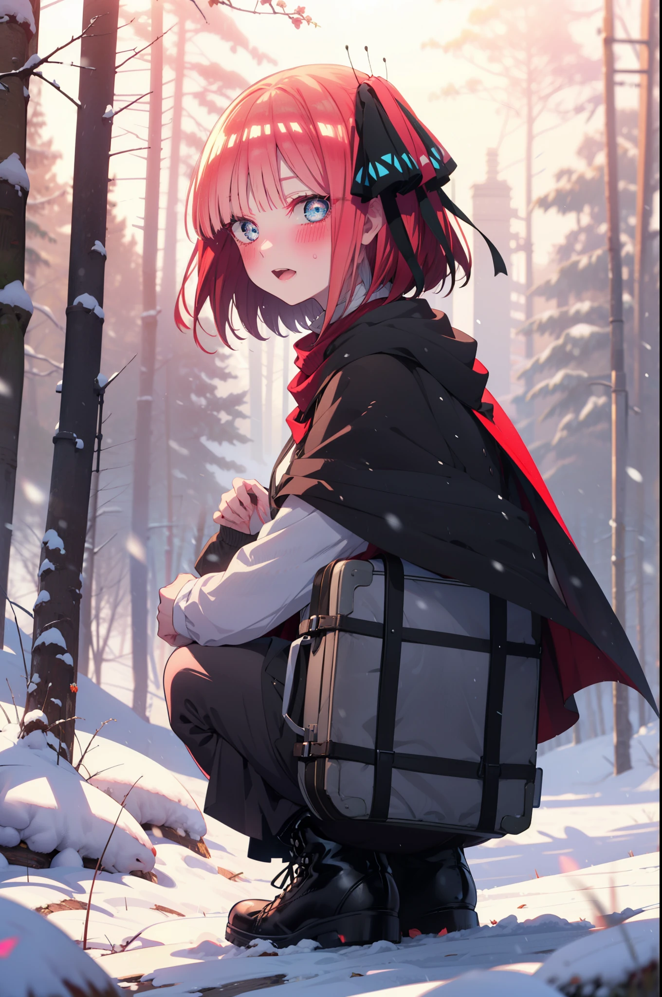 I was silent, Nino Nakano, short hair, bangs, blue eyes, hair ornaments, Hair Ribbon, Pink Hair, blunt bangs, Both sides up, butterfly hair ornaments,smile,blush,White Breath,
Open your mouth,snow,A bonfire on the ground, Outdoor, boots, snowing, From the side, wood, suitcase, Cape, Blurred, Increase your meals, forest, White handbag, nature, Squat, Mouth closed, フードed Cape, winter, Written boundary depth, Black shoes, red Cape break looking at viewer, Upper Body, whole body, break Outdoor, forest, nature, break (masterpiece:1.2), highest quality, High resolution, unity 8k wallpaper, (shape:0.8), (Beautiful and beautiful eyes:1.6), Highly detailed face, Perfect lighting, Extremely detailed CG, (Perfect hands, Perfect Anatomy),