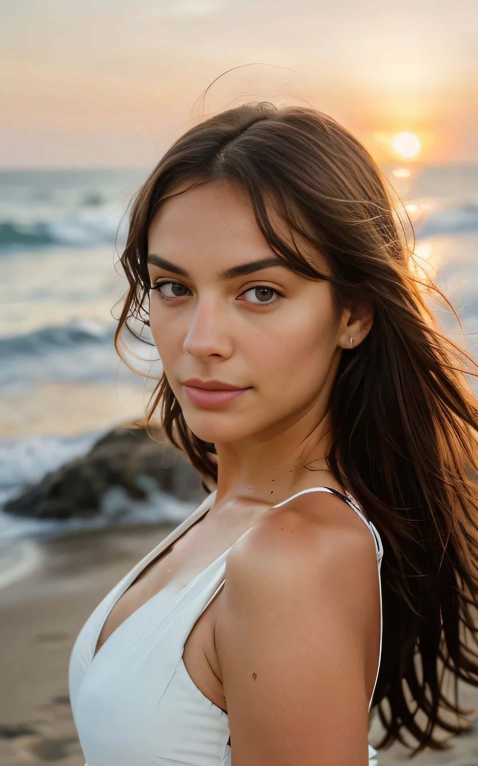 Create a masterpiece portrait of a 22-year-old Italian woman on a serene beach, shot in 8K UHD to capture the essence of photorealism. Her long black hair, naturally wavy and tousled by the gentle sea breeze, frames her innocent face and vivid green eyes, which are full of life and sparkle with clarity. She wears a simple yet elegant swimsuit that perfectly complements her natural physique, enhancing her contours with subtle sophistication. The image is taken directly from the front with a Canon camera using an 85mm lens at a shallow depth of field, focusing intently on her detailed skin texture and the intricate details of her eyes. The background features a tranquil beach setting with soft sand and subtle beach flora, illuminated by the warm glow of sunset, captured using Kodak Vision color science for a rich, vivid color palette. Professional post-processing adds depth and realism, emphasizing the roughness and texture of her skin and the detailed sparkle in her eyes. Her charming smile is the focal point, rendered with extreme detail to convey a lifelike and ultra-realistic photographic experience.