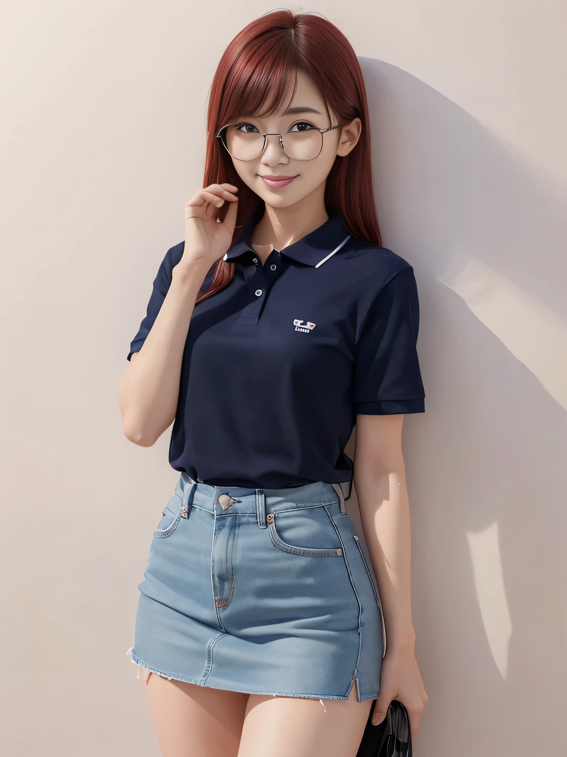 one person、one person、A 16-year-old high school girl poses for a photo in a navy blue polo shirt and a navy blue miniskirt、victory、Tsundere、Wearing thin, round glasses、smile、Saucy、Red Hair、small、Slim girl model photo、body:Female Model、Japanese female fashion model、(8K、Raw photo、Best image quality、masterpiece:1.2)、(Genuine、photoGenuineistic:1.37)、Ultra-high resolution、Ultra-high resolution、Standing position、whole body、((((sexy)))、Pink wall、Shapely small breasts