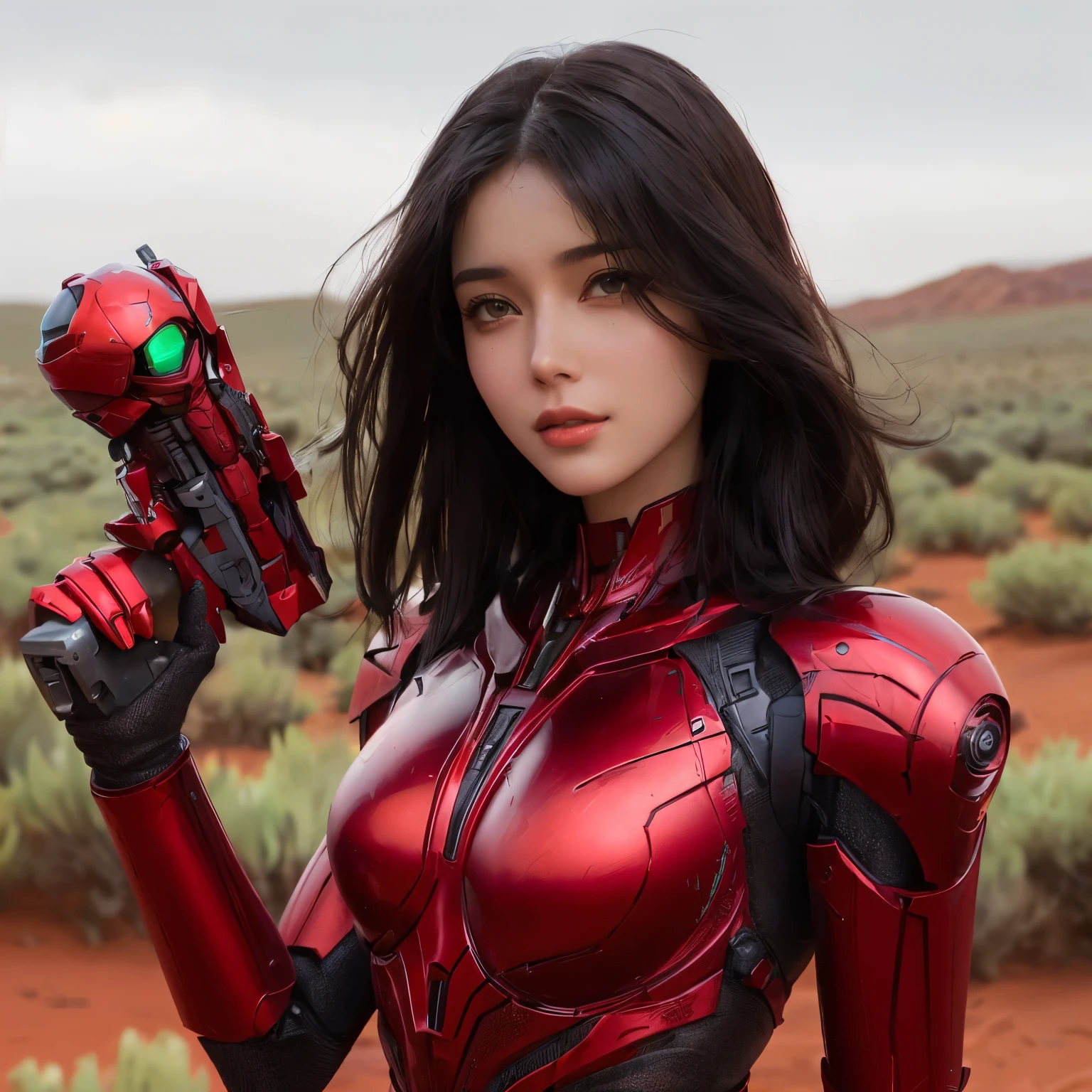 Arabian woman in a red suit holding a red object in the desert, Alena Aenami and Artgerm, Lostrun 8k, Girl wearing mecha cyber armor, Woman in red armor, Alena Aenami and Android Jones, Realistic cosplay, SF Women, Vojtek Fuss, scifi character, Beautiful female android!