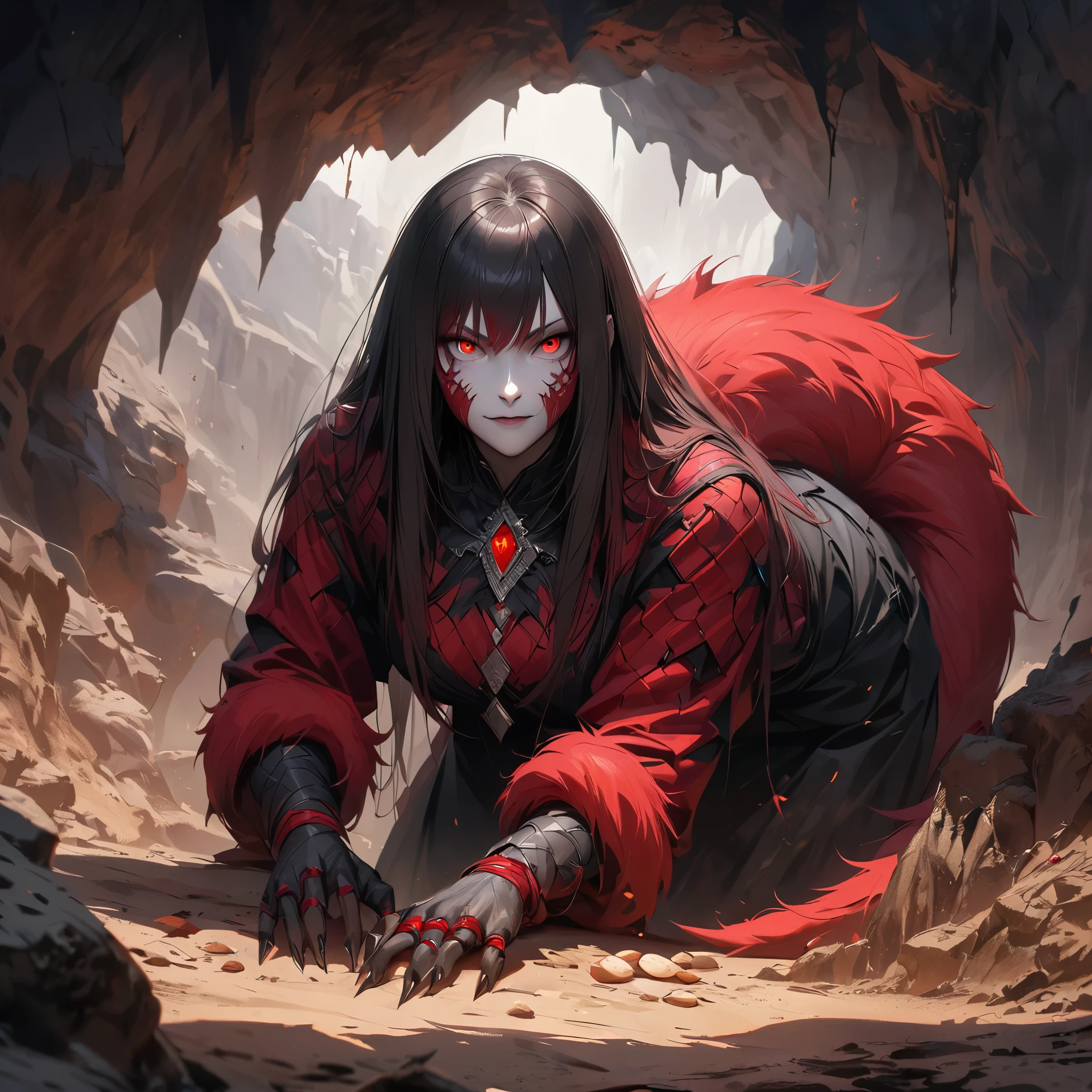 [Best Quality, Shaded, Extreme Detail, Highly Detailed, Ultra Detailed, Intricate, Realistic, Full View, Detailed Landscape, Full Body Portrait], Wolf Woman, Full Fur, Red Fur, Black Fur, Full Tail, Red Tail, Tail black, straight hair, hair with braid, a brooch in the hair, almond-shaped eyes, red eyes, intimidating smile, sinister look, pale skin, demonic clothing (black and red colored clothing), dark clothing, found in a cave , cave of the underworld.