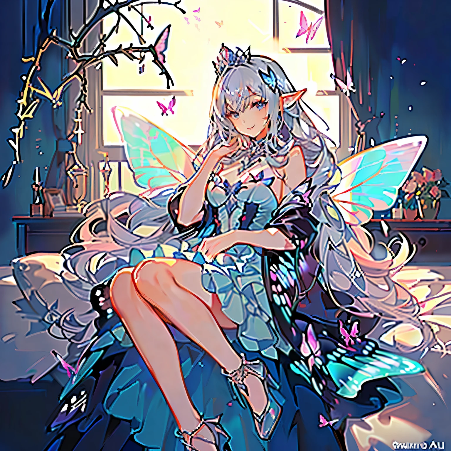 (highest quality, Very detailed, beautiful, Exquisite, 16k, Full HD), Look down,(Sleep on your back:1.5,Looks sleepy,On the bed),(looks happy,smile,smile),((soft, Sparkly layered dress)),A large and beautiful dress inspired by rose flowers, Hanabubuki,The screen is surrounded by flowers,(Frills,Decorated with rhinestones,Ball Gown Dress),(Art Station, Fantasy art:1.2), pastel colour,((Beautiful fairy wings like butterfly:1.5)),(Gradient Hair, Light blue hair, Wavy Hair,fluffy hair),(tiara,anklet),(Lavender eyes, Long eyelashes, Fuller lips,beautiful purple eyes,Cheeks are pale pink,Pointy Ears,Big Breasts,fluffy),Dazzling Light, Warm lighting,Bright light,Romantic light