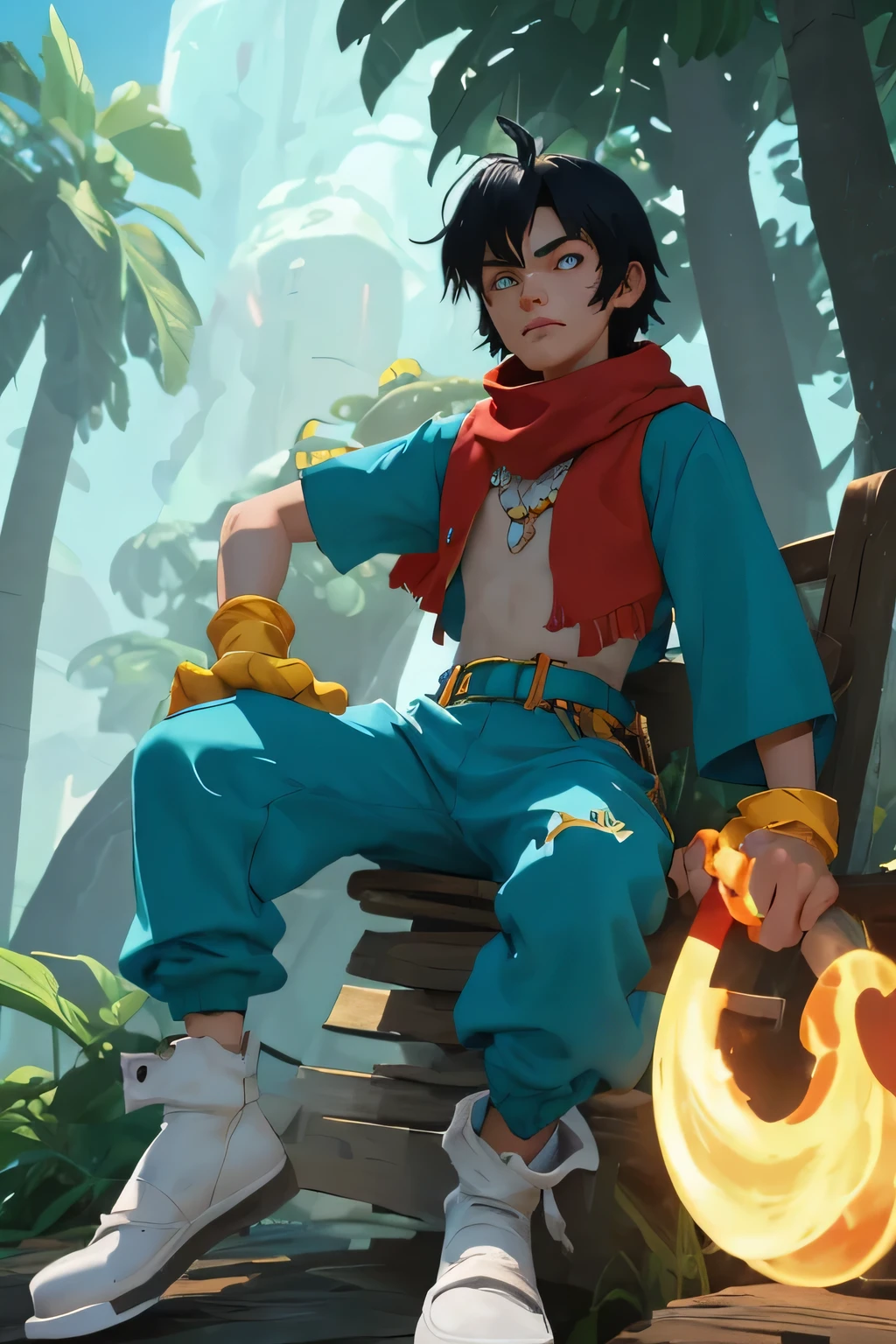 fantasy art shadow, 8K, HD, masterpiece,The King of Sorrow's physical appearance is reminiscent of Klonoa's original design. He is mostly unclothed and wears a collar with two scarf-like threads coming down past his feet. He also wears orange bangle-like objects on his wrists and ankles. His eyes are tinted red, possibly from weeping. His fur is teal and white on the inside of his ears and center of his chest. In addition, the palms of his hands and the soles of his feet are both white in color, and his feet noticeably resemble shoes to some extent