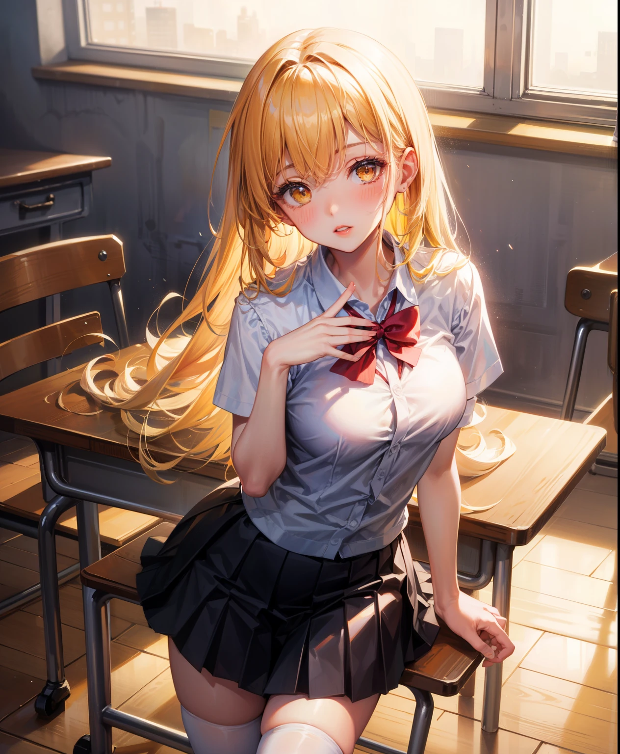 A girl is posing for a photo,pretty girl,Enchanting girl,Anime Girls,
(((One Girl,Baby Face,16 years old))),
BREAK
((Black blazer:1.2、White shirt with collar、Blue pleated skirt:1.2、Red string tie))、((Black Pantyhose、Dark brown loafers))、(silver earrings)、
BREAK
((two-tone red and yellow hair:1.6、Deco bangs:1.4、Too much hair、Wavy Hair、Hair blowing in the wind、ponytail:1.4)),(Drooping eyes,blue eyes),(Small breasts),
BREAK
(Beautiful Hair,Shiny Hair),
(Expression of fine eyes,Beautiful and delicate eyes,Sparkling eyes,Eye Reflexes),
(double eyelid,Long eyelashes),
(Beautiful Nose,Thin Nose),
(Glossy lips,Beautiful Lips,Thick lips),
(Symmetrical facial features,Perfect Face),(((Detailed skin,Oily skin,Textured skin,Beautiful Skin))),
break
(Big smile、Embarrassed、Close your eyes),
((noon、classroom、sunlight、Window、The window is open)),((Face the window、Stretching oneself、Top view、Cowboy Shot)),
break
(((highest quality)),((masterpiece)),((Very detailed))),((High resolution),(8k),(16k,1080p),(Anime 2D Rendering)),(Anatomically correct),
((Realistic)), (The best CG),Highly detailed art,CG illustration,
