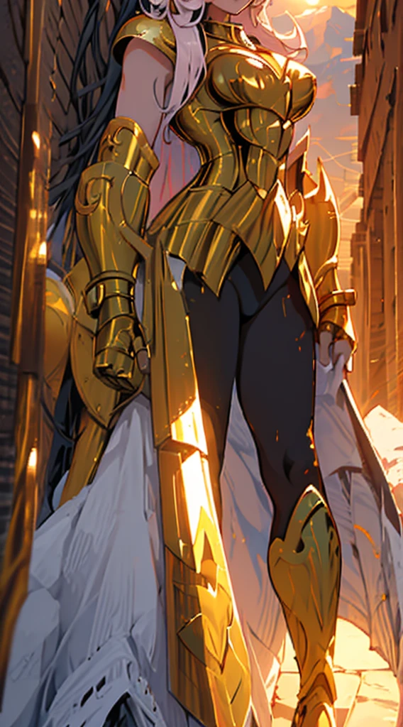 Create a high-quality image of a woman wearing full-body golden armor. She is depicted in a majestic pose, proudly standing amidst a grandiose backdrop. Her armor gleams with the brightness of gold, reflecting the sunlight streaming through the clouds. Her hair cascades over her shoulders, framing her determined and confident face. In her hands, she holds a sword or shield, ready to defend her cause with bravery. In the background, an epic landscape of towering mountains and a vast, infinite sky. This woman is a vision of power and nobility, a fearless leader ready to face any challenge that comes her way.