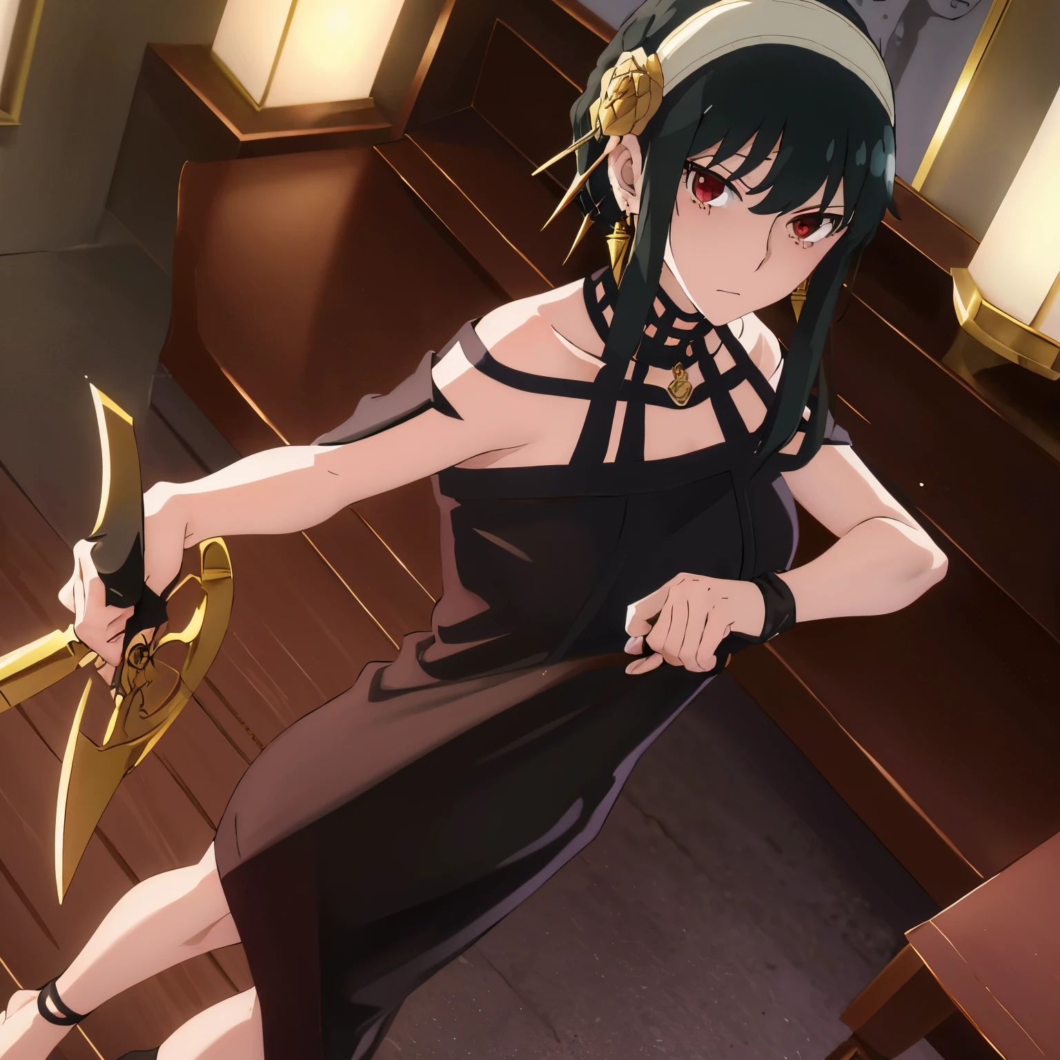 Yor Forger, dress, holding, black dress, black hair, weapon, barefeet, bare legs, red eyes, two-sided fabric, hairband, gloves, breasts, hair ornament, flower, two-sided dress, dagger, fingerless gloves, black gloves, sidelocks, knife, looking at viewer, hair flower, rose, bare shoulders, holding dagger, standing, long hair, gold hairband, rose print, earrings, sleeveless, short hair with long locks, jewelry, closed mouth, bangs, sleeveless dress, 1girl, surprised, collarbone, off shoulder, white hairband, bare shoulders, indoors, gold earrings, sweat, breasts, Exquisite visuals, high-definition, masterpiece, best quality, high-definition,masterpiece, best quality, 18yo, Young female, Beautiful Fingers, Beautiful long legs, Beautiful body, Beautiful character design, standing, upper body, half body,