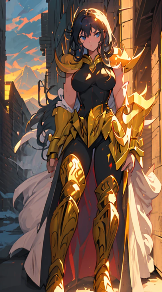 Create a high-quality image of a woman wearing full-body golden armor. She is depicted in a majestic pose, proudly standing amidst a grandiose backdrop. Her armor gleams with the brightness of gold, reflecting the sunlight streaming through the clouds. Her hair cascades over her shoulders, framing her determined and confident face. In her hands, she holds a sword or shield, ready to defend her cause with bravery. In the background, an epic landscape of towering mountains and a vast, infinite sky. This woman is a vision of power and nobility, a fearless leader ready to face any challenge that comes her way.