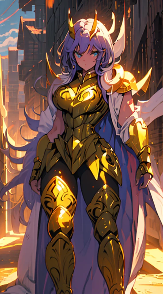 Create a high-quality image of a woman wearing full-body golden armor. She is depicted in a majestic pose, proudly standing amidst a grandiose backdrop. Her armor gleams with the brightness of gold, reflecting the sunlight streaming through the clouds. Her hair cascades over her shoulders, framing her determined and confident face. In her hands, she holds a sword or shield, ready to defend her cause with bravery. In the background, an epic landscape of towering mountains and a vast, infinite sky. This woman is a vision of power and nobility, a fearless leader ready to face any challenge that comes her way.