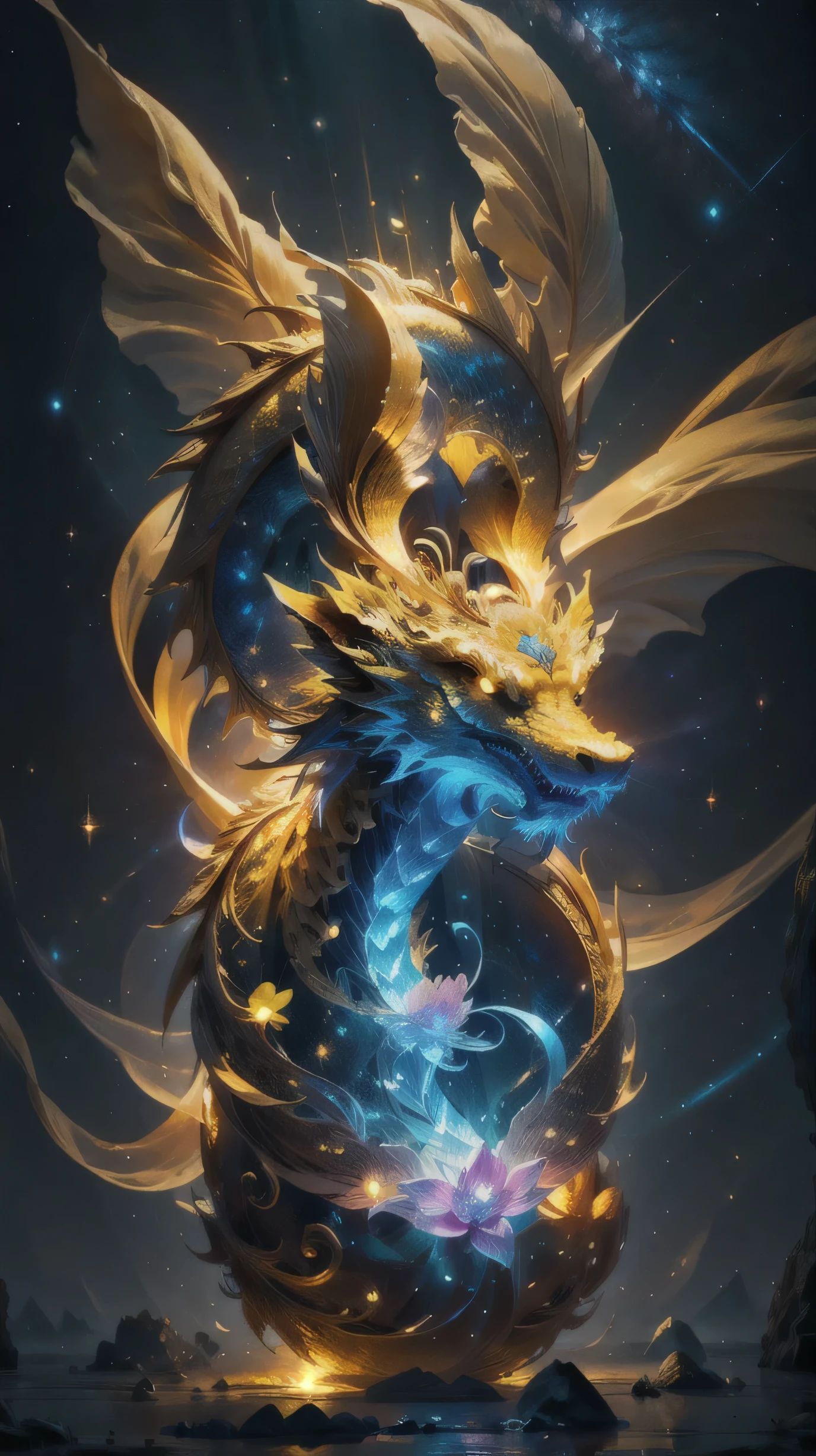 Highest image quality, ultra high definition, masterpiece, flower of life, Enlightenment,golden dragon, light and shadow, particle light, particle special effects, Bioluminescence, beautiful romance, beautiful, dream highest quality, ultra high definition, masterpiece, exquisite CG, exquisite details, rich picture layers, beautiful, perfect details, best quality, highest image quality, high resolution, high definition, 16k, 8k, UHD, HDR, HD,--v5,--ar