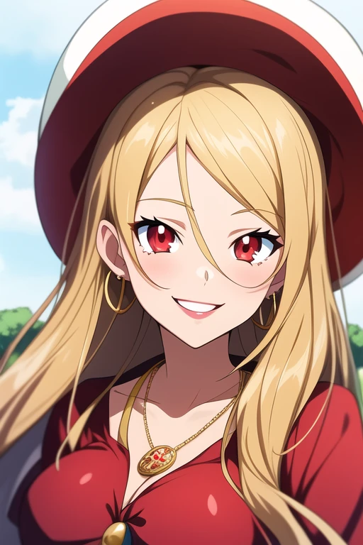 Beautiful anime girl, solo, 1girl, looking at viewer, cute,beautiful, red eyes, open hair, blonde hair, long hair, bangs, wearing a strawhat, Monkey D luffy's strawhat, one piece, smiling, smooth skin, light skin, red lips, golden earings, anime, best quality, masterpiece, extremely detailed, 4k, red eyes, beautiful red eyes, detailed face, detailed eyes, red dress, golden necklace