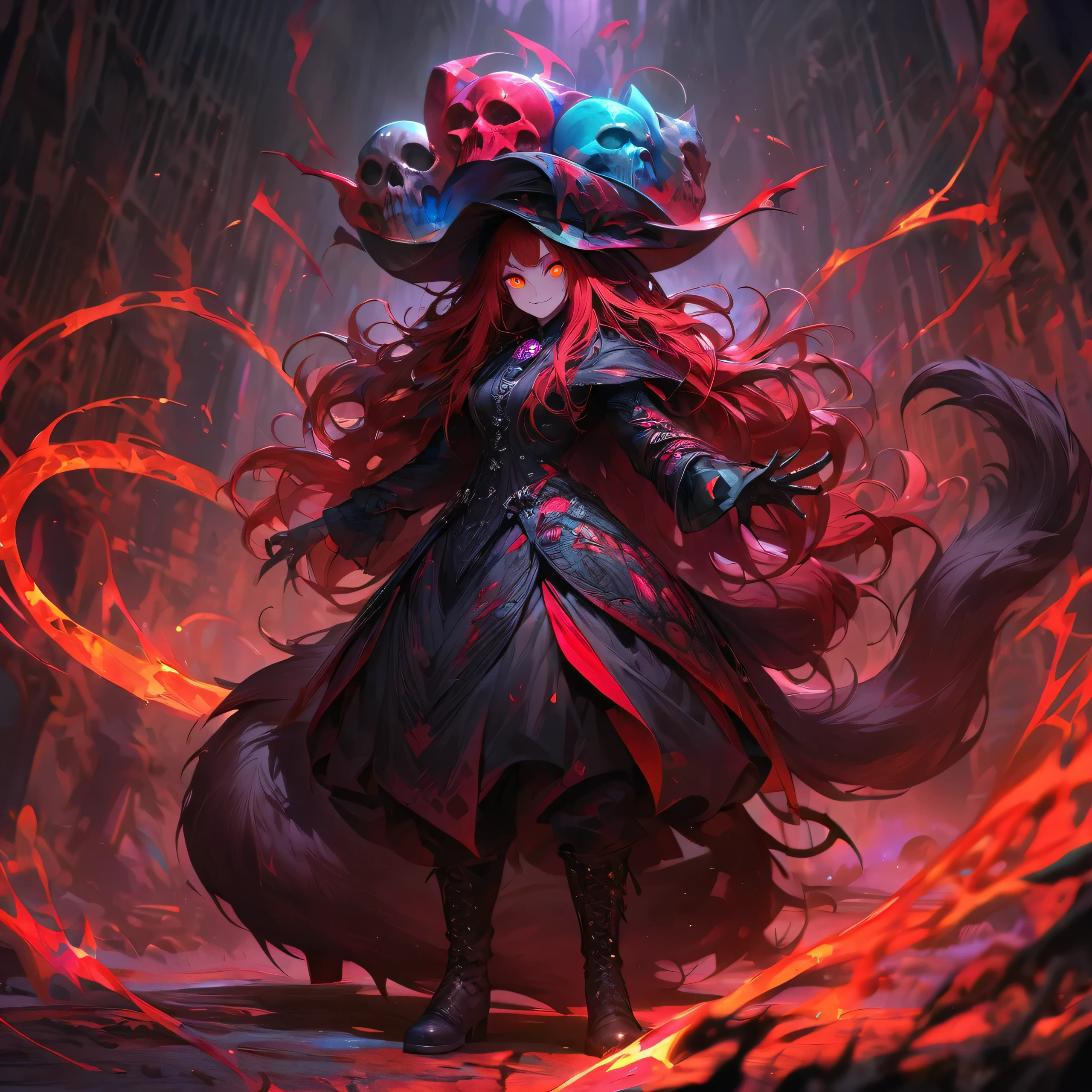 [Best Quality, Shaded, Extreme Detail, Highly Detailed, Ultra Detailed, Intricate, Realistic, Perfect Face, Full Body Portrait], Wolf Woman, Full Fur, Magic Fur, Full Tail, Big Signal, Magic Tail, Long Hair (Hair colorful), hat on the head (demonic style), almond-shaped eyes (red color), expressive smile, charming face, demonic clothing (dark color, with magic skulls), shoes (gothic style high boots), the scene is takes place in hell with a sinister and dark atmosphere.