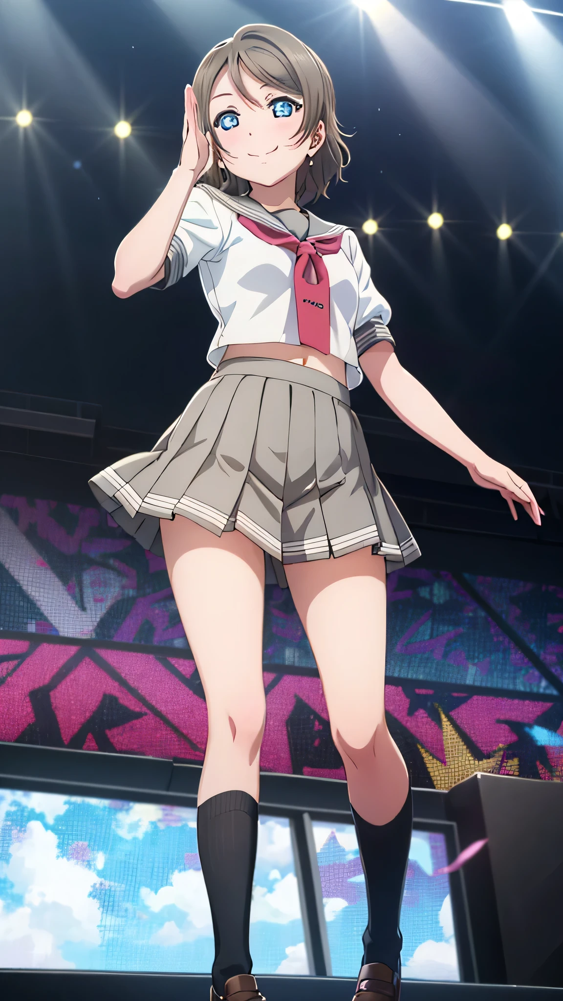  {{{masterpiece}}}, {{{best quality}}}, {{ultra-detailed}}, {illustration}, {{an extremely delicate and beautiful}}, 8k, NSFW, {{watanabe you}}, love live! school idol project, {{love live! sunshine!!}},light brown hair, blue eyes, slender, middle breasts, , {{{uranohoshi school uniform}}}, {white serafuku}, {{gray collar}}, {gray skirt}, {{{red ribbon tie}}}, black socks, BREAK, one hand Salute, smiling, flushed cheeks, standing, posing, open legs, peer in from below, outdoor,sky, daytime, on stage, crowd of people