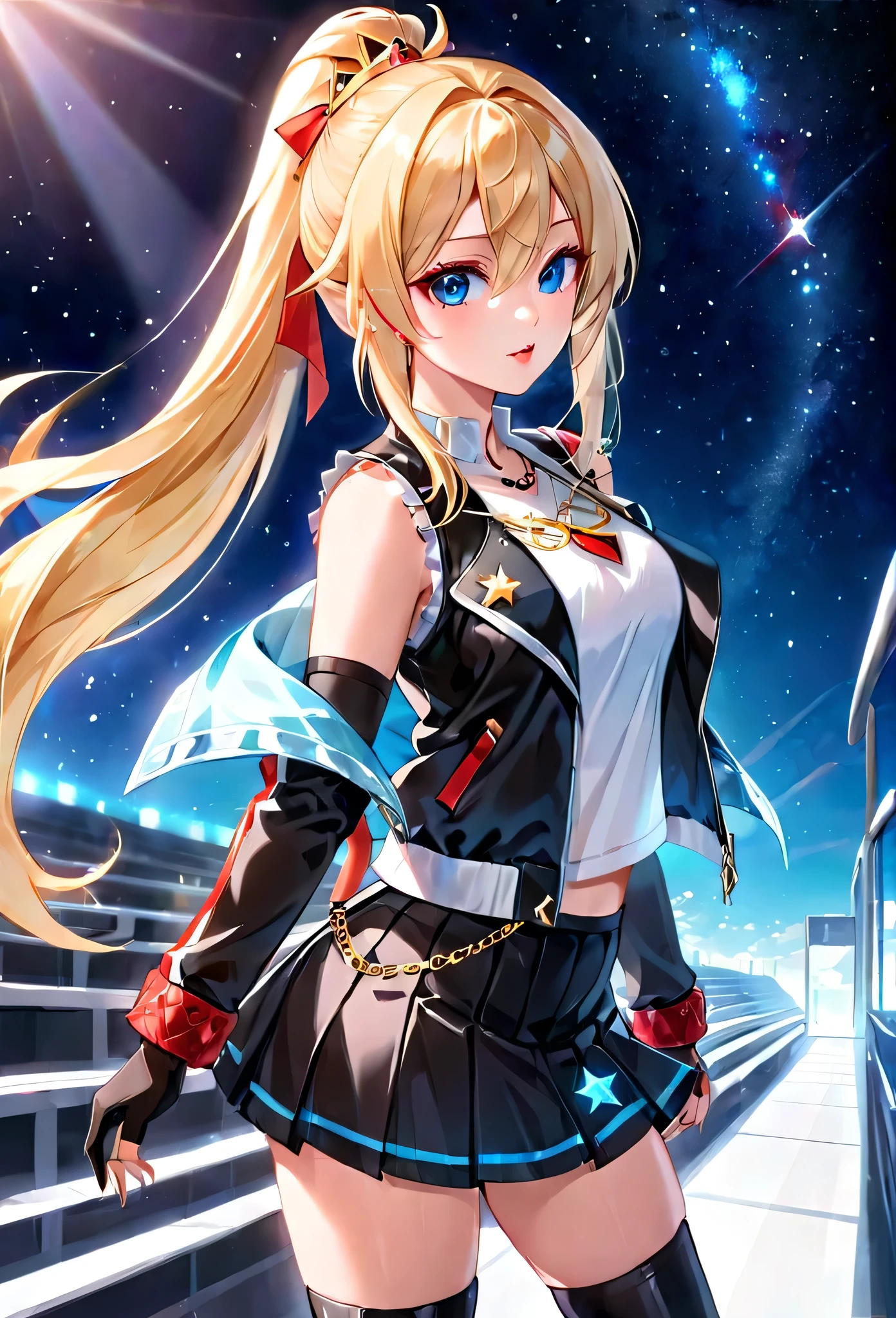 1 girl, ultra long ponytail hair, side bangs hair, straight hair, gorgeous woman, hair over one eye, detailed make up, Rosalina hair style, blonde, red bangs in the hair, with red fringes, ultra detailed face, sharp eyes, glowing lips, glowing, school girl, glowing lips, glowing blue eyes, elegant walk, catwalk, cute, long eyelashes, long black boots , looking to the sky, starry sky, holding down a katana, ultra detailed katana, short skirt, fingerless gloves, fitness, confident, white sleeveless blouse, short jacket, lots of adornment, chains adornment, cute woman, dinamic view,