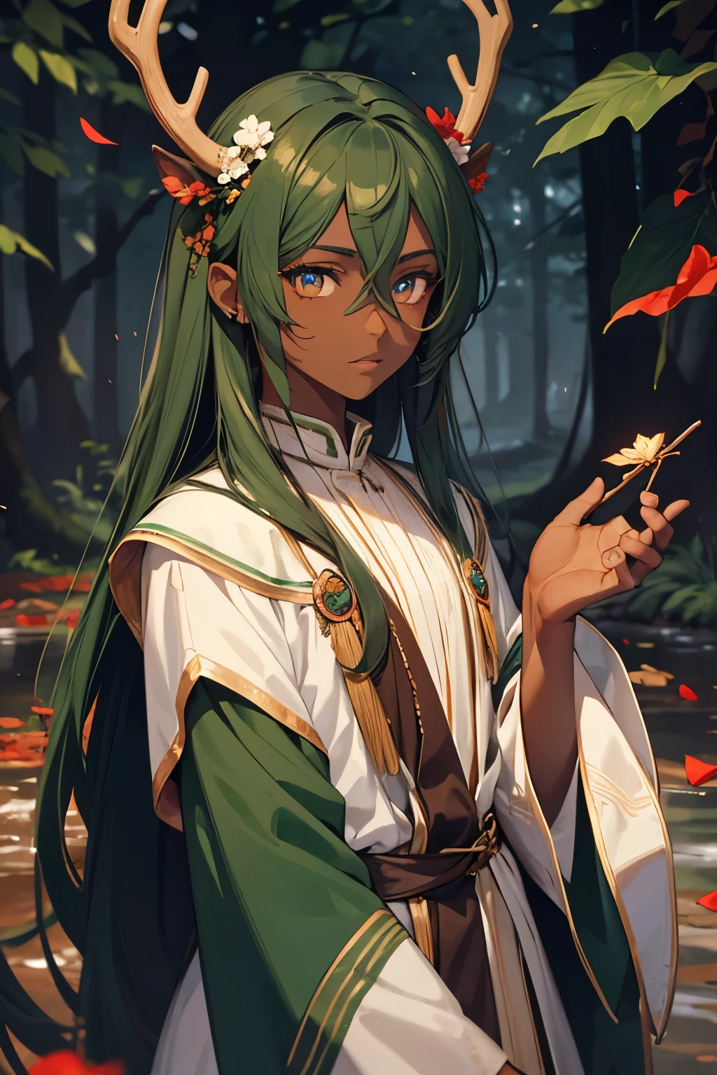 Dark skinned, dark green haired deer man. Long, flowy hair with tiny antlers, a male with blue eyes and red pupils. Has petals in the background and his pupils and dilated, the background is the scene of a river stream in a forest