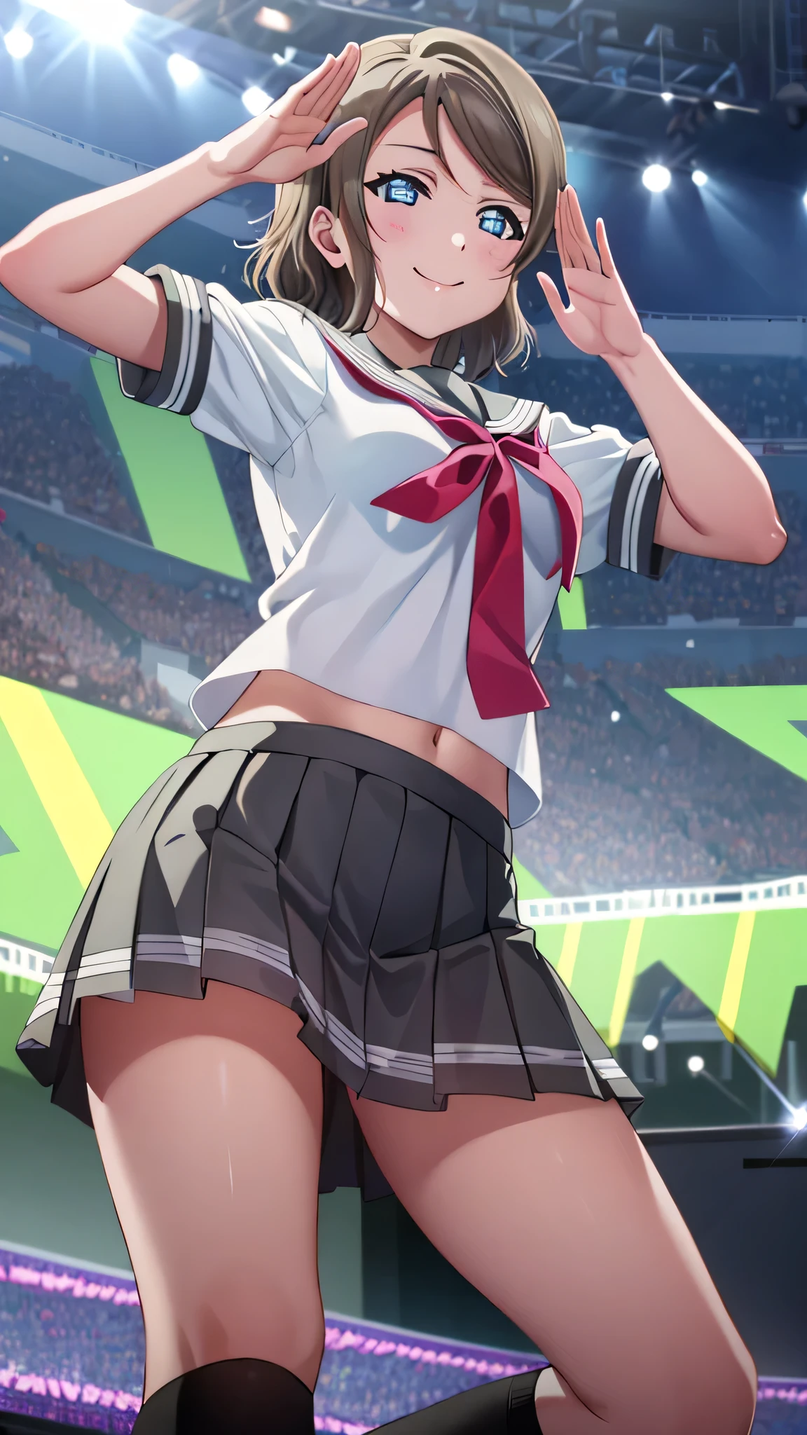  {{{masterpiece}}}, {{{best quality}}}, {{ultra-detailed}}, {illustration}, {{an extremely delicate and beautiful}}, 8k, NSFW, {{watanabe you}}, love live! school idol project, {{love live! sunshine!!}},light brown hair, blue eyes, slender, middle breasts, , {{{uranohoshi school uniform}}}, {white serafuku}, {{gray collar}}, {gray skirt}, red ribbon, ribbon tie, black socks, BREAK, one hand Salute, smiling, flushed cheeks, standing, posing, open legs, peer in from below, outdoor,sky, daytime, on stage, crowd of people