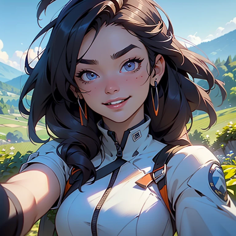 a woman taking a selfie with mountains in the background, large bushy eyebrows, mobile legends, selfie of a young woman, umami, average human face, touring, coy smile, rhys lee, perfect proportions defined face, extreme panoramic, with a bewitching voice, climber