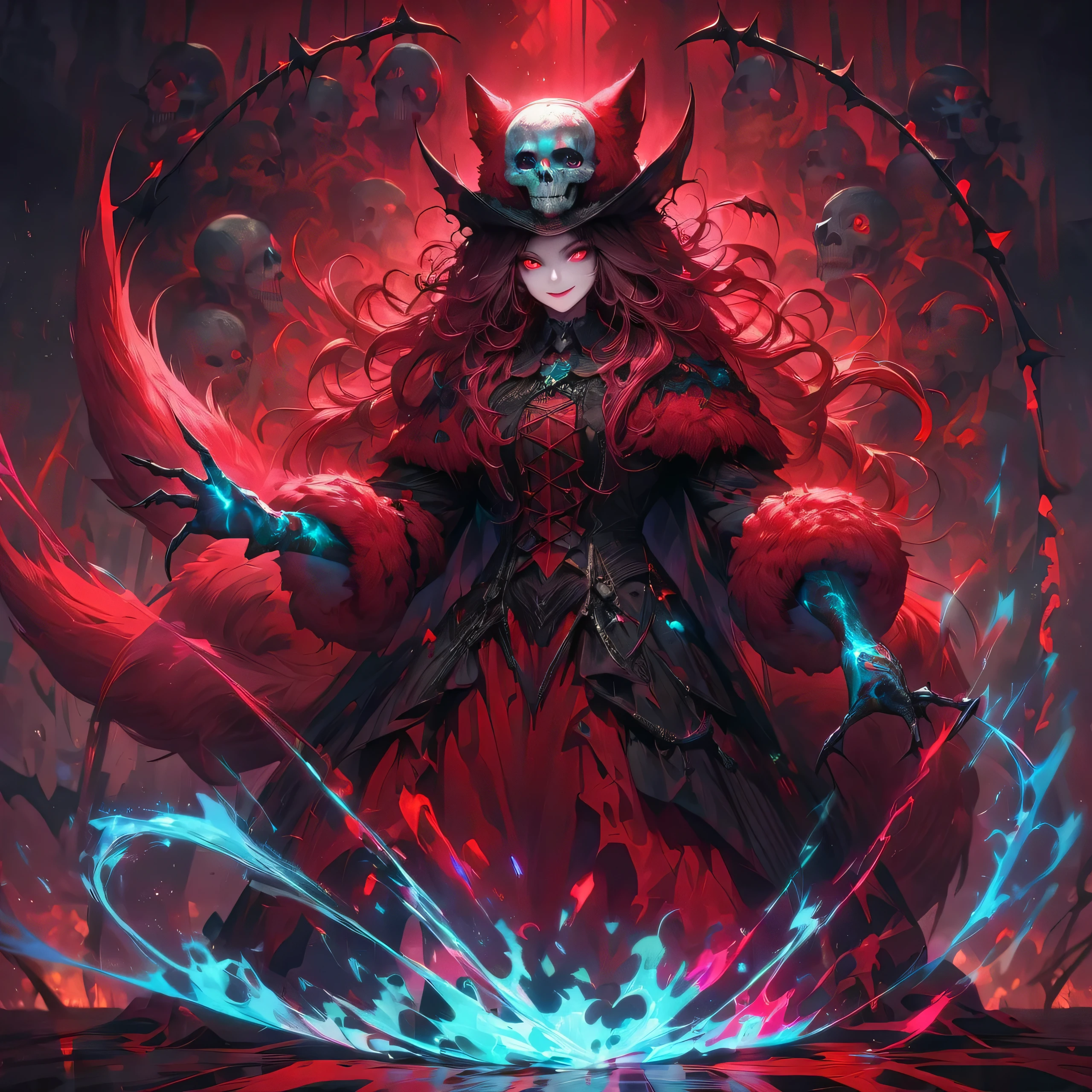 [Best Quality, Shaded, Extreme Detail, Highly Detailed, Ultra Detailed, Intricate, Realistic, Perfect Face, Full Body Portrait], Wolf Woman, Full Fur, Magic Fur, Full Tail, Big Signal, Magic Tail, Long Hair (Hair colorful), hat on the head (demonic style), almond-shaped eyes (red color), expressive smile, charming face, demonic clothing (dark color, with magic skulls), shoes (gothic style high boots), the scene is takes place in hell with a sinister and dark atmosphere.