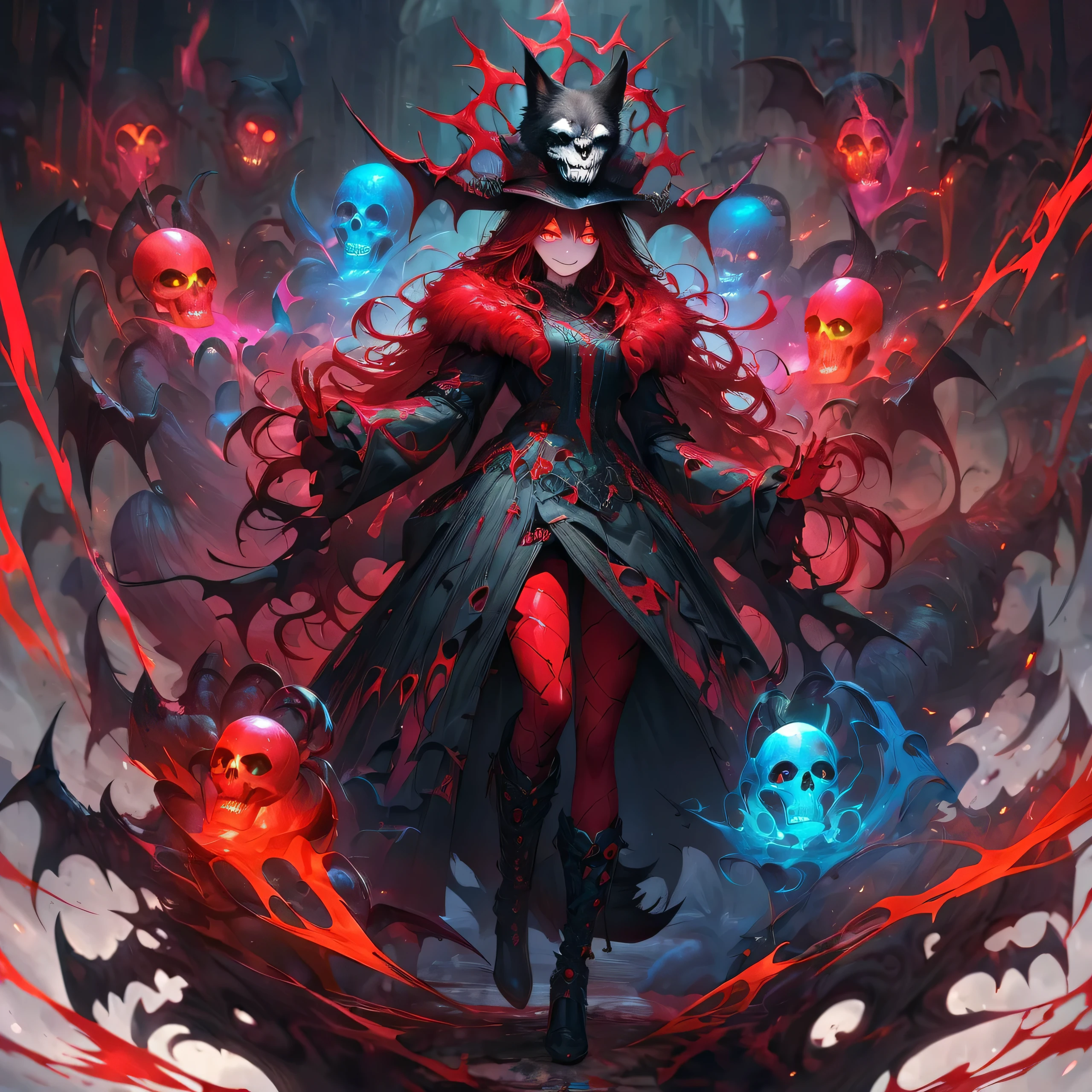 [Best Quality, Shaded, Extreme Detail, Highly Detailed, Ultra Detailed, Intricate, Realistic, Perfect Face, Full Body Portrait], Wolf Woman, Full Fur, Magic Fur, Full Tail, Big Signal, Magic Tail, Long Hair (Hair colorful), hat on the head (demonic style), almond-shaped eyes (red color), expressive smile, charming face, demonic clothing (dark color, with magic skulls), shoes (gothic style high boots), the scene is takes place in hell with a sinister and dark atmosphere.