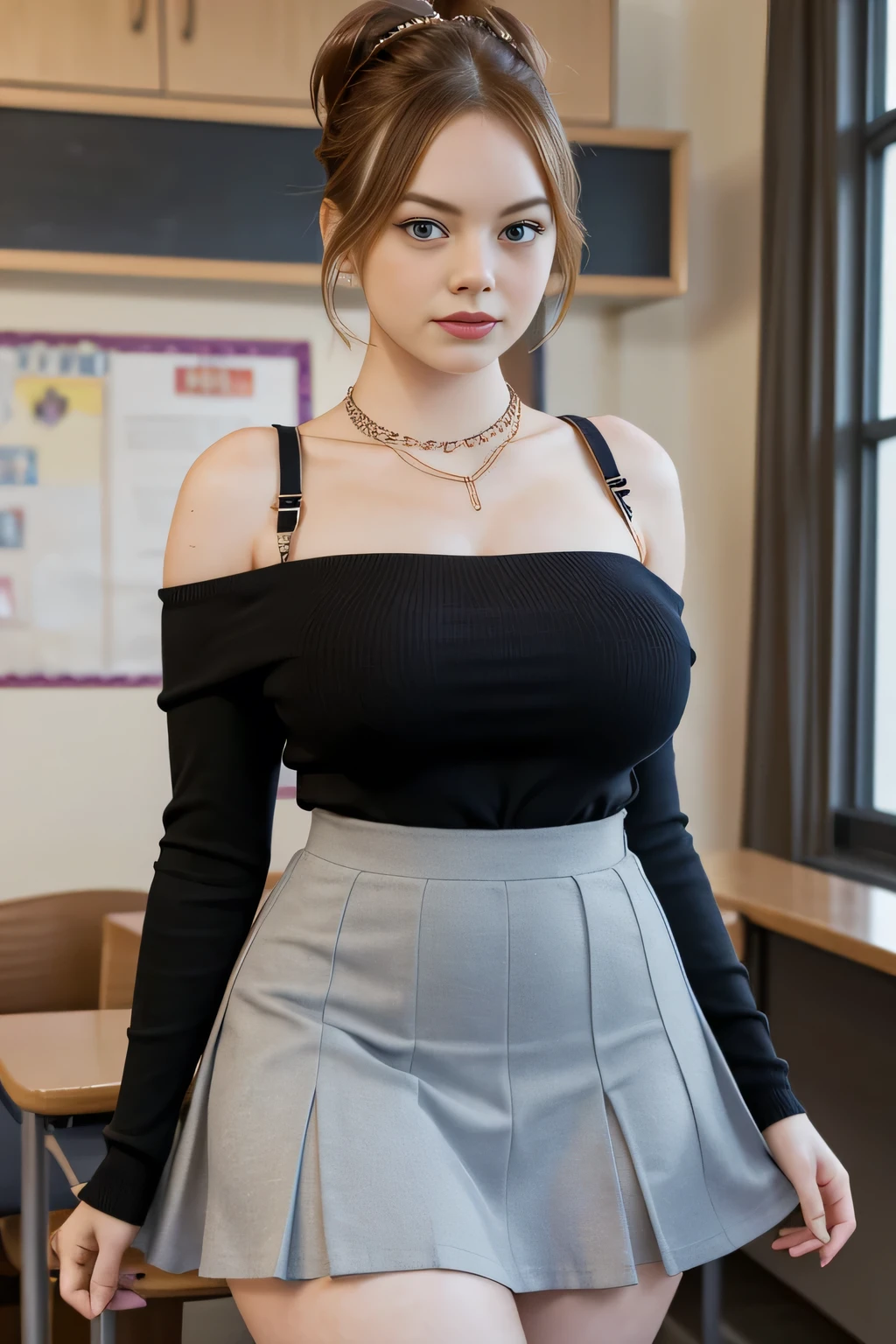 20yo in school school photo in school masterpiece, (photorealistic:1.4), best quality, beautiful lighting,Eleanor Ukraine Woman 20yo Old Big Breasts Plus Size Model lipstick Bun lHair Bun Hair Hair Lifts Skirt Up Raised Skirt, wearing Slant Shoulder Chain Strap Dress, Casual Long Sleeve Bodycon Dress.