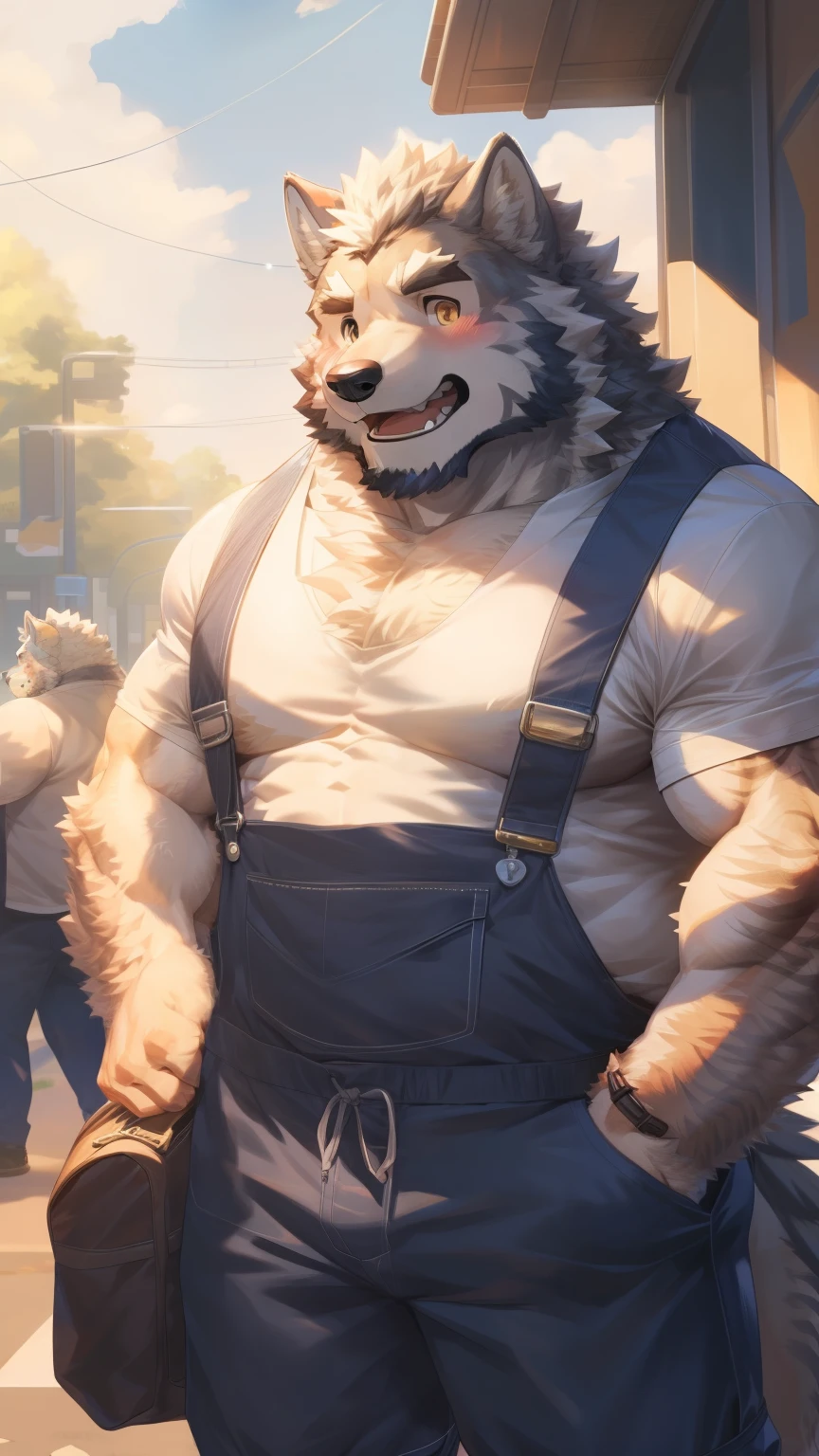Solitary, anthropology, hairy, hairy male, Wolf, ((Fluffy fur, Fluffy, hairy body)), (Wolf印), (short beard), youth, Gray body, White belly, muscular, White, Big muscles, Golden pupils, Tail, deTailed teeth, deTailed face, Fundos,((Open it) Light grey shirt), Black overalls, holding a briefcase, 很Shy站在Street Corner, deTailed Fluffy fur, deTailed face, Street Corner, Look at the audience, majestic, barbarous, Shy, Blushing, Strong,plane trees, Front view, (through empty ghost, From wolf26, masterpiece, high quality, high resolution,8k), permanent, Close-up portraits, outdoor, Dynamic poses,