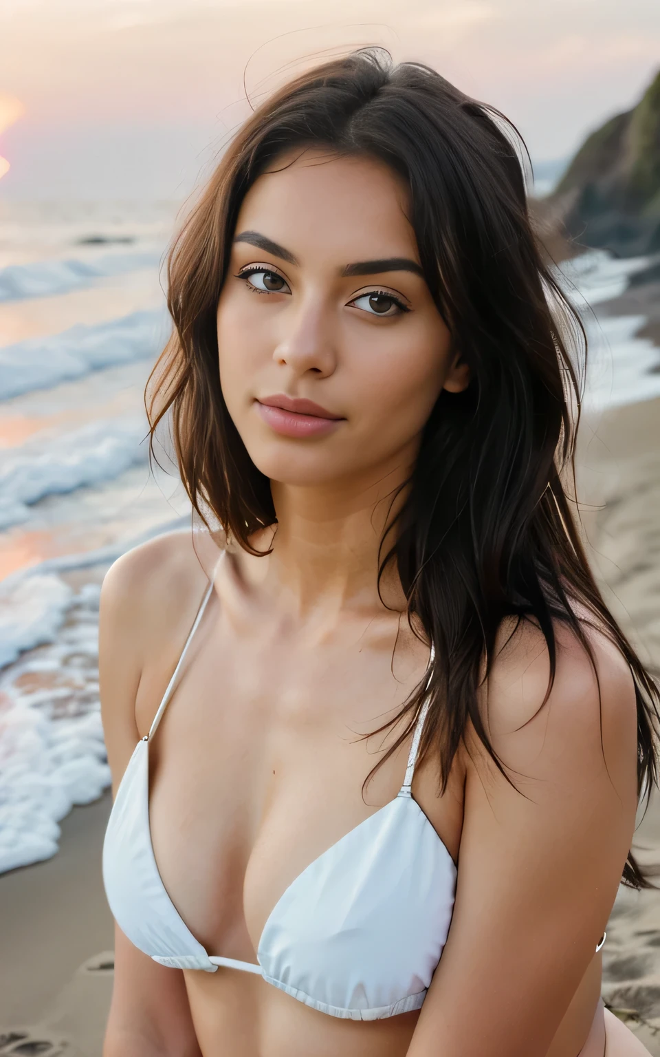 Create a masterpiece portrait of a 22-year-old Italian woman on a serene beach, shot in 8K UHD to capture the essence of photorealism. Her long black hair, naturally wavy and tousled by the gentle sea breeze, frames her innocent face and deep green eyes, which are vivid and full of life. She wears a simple yet elegant swimsuit that perfectly complements her natural physique, enhancing her contours with a subtle sophistication.
The image is taken from a frontal angle with a Canon camera using an 85mm lens at a shallow depth of field, focusing intently on her detailed skin texture and the intricate details of her eyes. The background features a tranquil beach setting with soft sand and subtle beach flora, illuminated by the warm glow of sunset, captured using Kodak Vision color science for a rich, vivid color palette.
Professional post-processing adds depth and realism, emphasizing the roughness and texture of her skin and the detailed sparkle in her eyes. Her charming smile is the focal point, rendered with extreme detail to convey a lifelike and ultra-realistic photographic experience.
