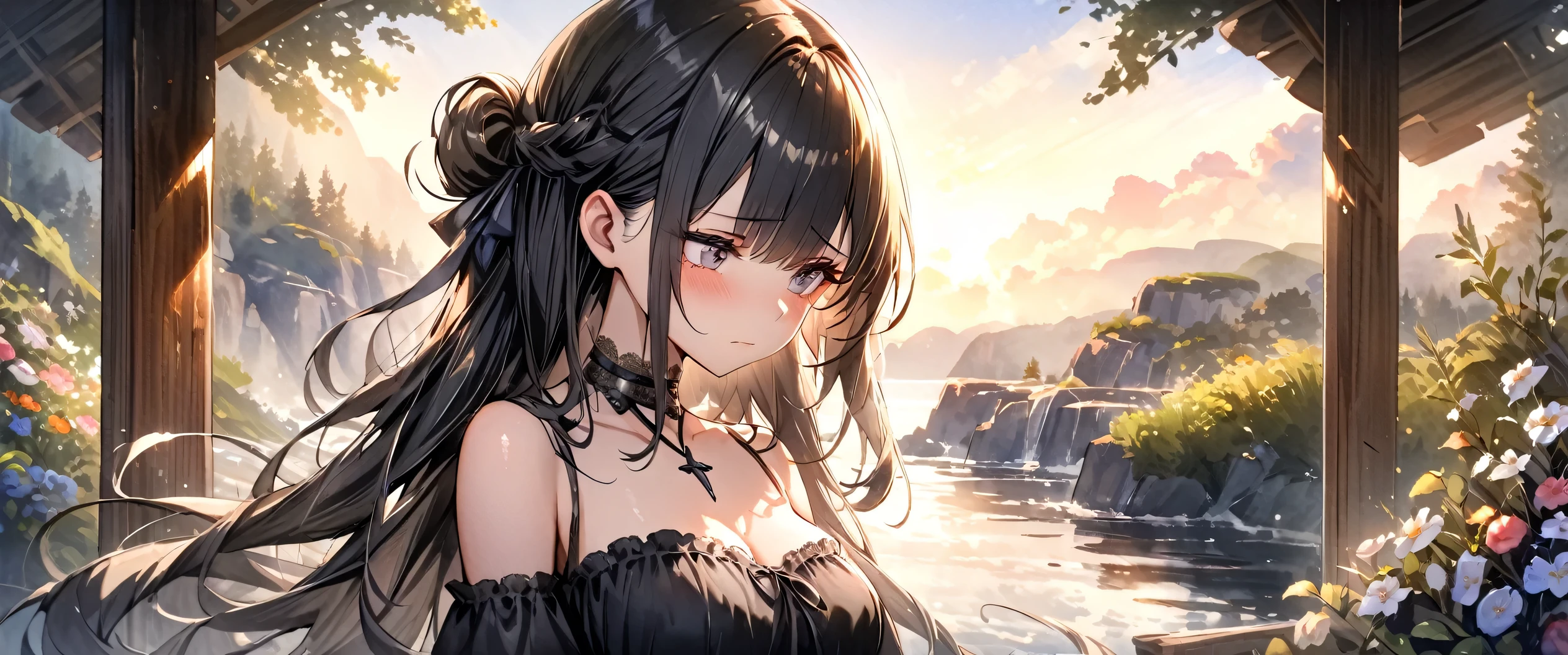 (masterpiece:1.2), (highest quality:1.2), watercolor, Big breasted, Perfect Eyes, Perfect Face, Perfect lighting, One girl, Long Hair, Complicated hairstyle, compensate, sad, melancholy, Dressed as a goth girl, Black and white dress, Frills, ribbon, Puffy sleeves, Exposing shoulders, Lace choker, jewelry, peaceful, quiet, Detailed outdoor background, Beautiful Landscape, Fantasy, summer, sunny, Sunburned, Flowers, wood, wide shot