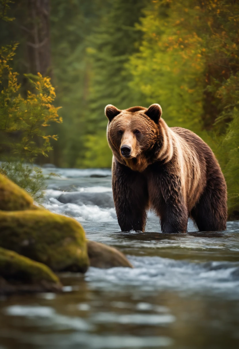 A brown bear in a forest, (realistic, high resolution, ultra-detailed) close-up of its face, with (vivid colors, sharp focus) emphasizing its fur, (studio lighting, bokeh) creating a magical atmosphere. The bear is standing near a flowing river, (landscape, nature) with (HDR, physcially-based rendering) realistic water and lush greenery surrounding it. The bear has a (majestic, powerful) presence, with (dark, expressive) eyes and a (determined, focused) expression on its face. The scene is set during (golden hour), with warm sunlight highlighting the bear's features. Additionally, there is a subtle (hint, touch) of (mysterious, dreamlike) aura surrounding the bear, adding an element of intrigue to the image.