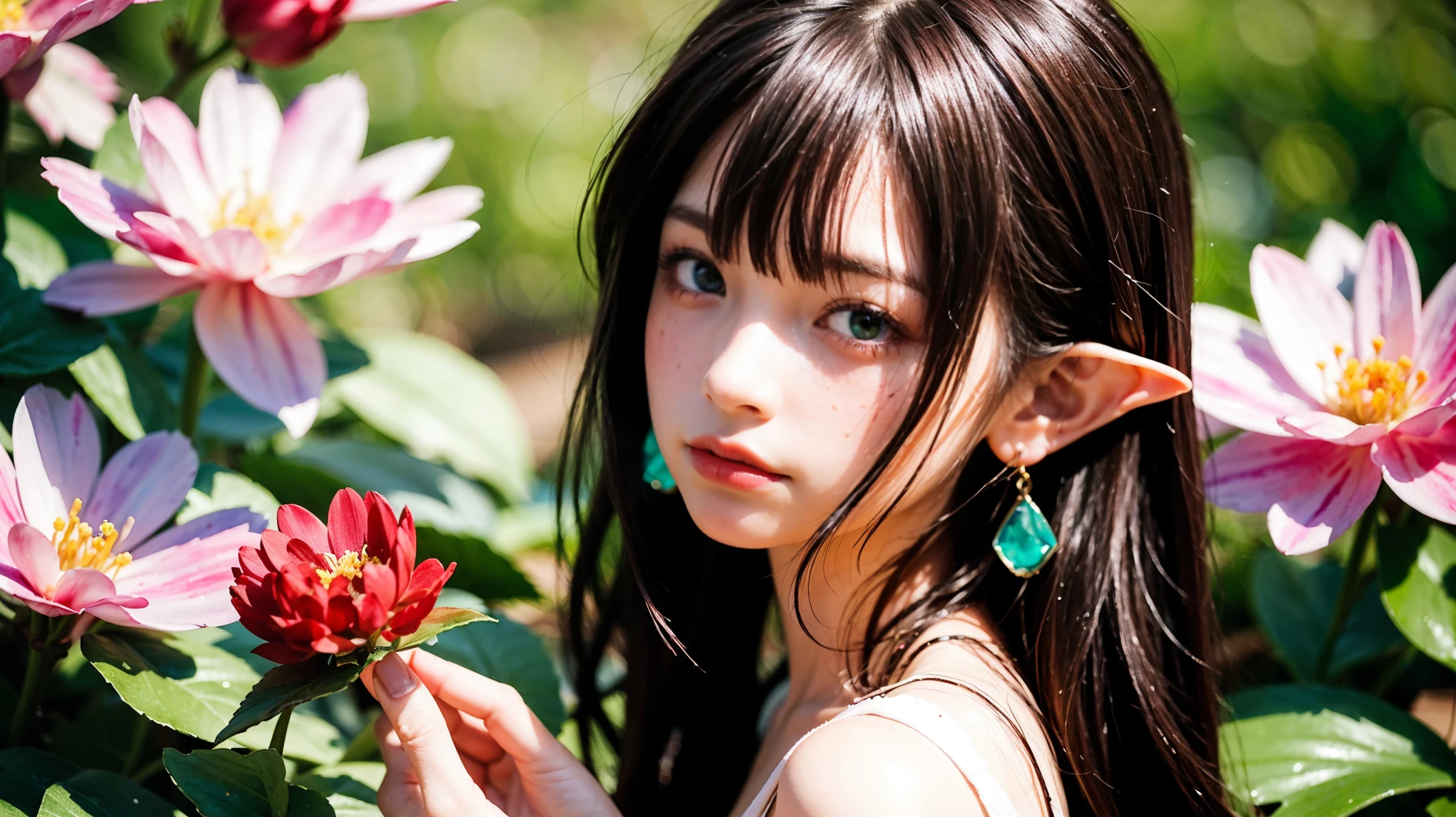 (watercolor: 1.2), Elf Princess, flower, freckles, bangs, Redhead, Long Hair, Green Eyes, Hair between the eyes, flower earrings, Blurred Background, High resolution  