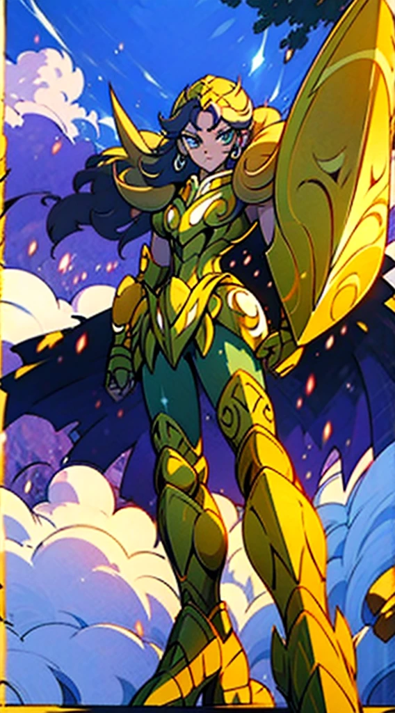 Create a high-quality image of a woman wearing full-body golden armor. She is depicted in a majestic pose, proudly standing amidst a grandiose backdrop. Her armor gleams with the brightness of gold, reflecting the sunlight streaming through the clouds. Her hair cascades over her shoulders, framing her determined and confident face. In her hands, she holds a sword or shield, ready to defend her cause with bravery. In the background, an epic landscape of towering mountains and a vast, infinite sky. This woman is a vision of power and nobility, a fearless leader ready to face any challenge that comes her way.