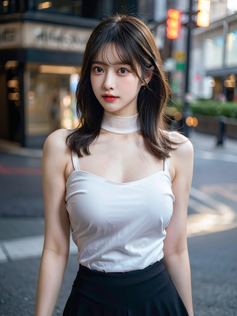 (Realistic, photoRealistic), (Delicate eyes and face), detail hair, Ray tracing, the Extremely Detailed CG Unity, highest quality, Ultra-high resolution, (Realistic:1.4), One girl, nude, Black tight skirt, Black Choker, (Faded grey hair:1), (Huge breasts:1.4), View your viewers, close ,