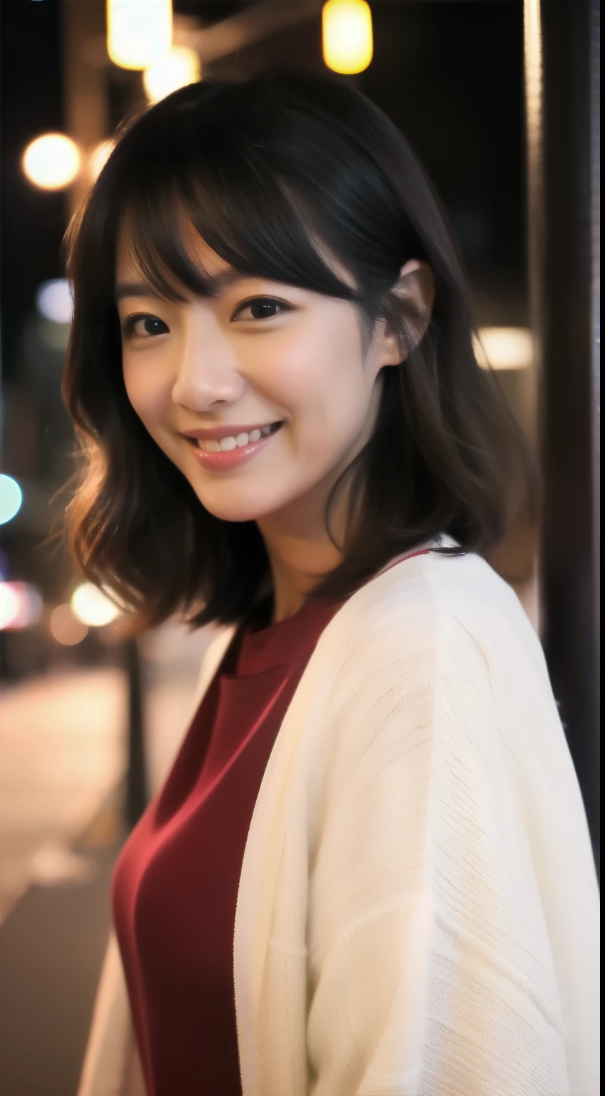 Masterpiece、Highest quality、Japan、woman、Age 35、164cm、45kg、Dcup、Her hair is a wavy bob.、After work、Night in Roppongi、Going out for drinks together、Walking around town、Looking at me with a smile