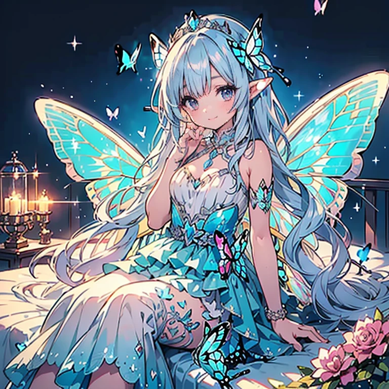 (highest quality, Very detailed, beautiful, Exquisite, 16k, Full HD), Look down,(Sleep on your back:1.5,Looks sleepy,On the bed),(looks happy,smile,smile),((soft, Sparkly layered dress)),A large and beautiful dress inspired by rose flowers, Hanabubuki,The screen is surrounded by flowers,(Frills,Decorated with rhinestones,Ball Gown Dress),(Art Station, Fantasy art:1.2), pastel colour,((Beautiful fairy wings like butterfly:1.5)),(Gradient Hair, Light blue hair, Wavy Hair,fluffy hair),(tiara,anklet),(Lavender eyes, Long eyelashes, Fuller lips,beautiful purple eyes,Cheeks are pale pink,Pointy Ears,Big Breasts,fluffy),Dazzling Light, Warm lighting,Bright light,Romantic light