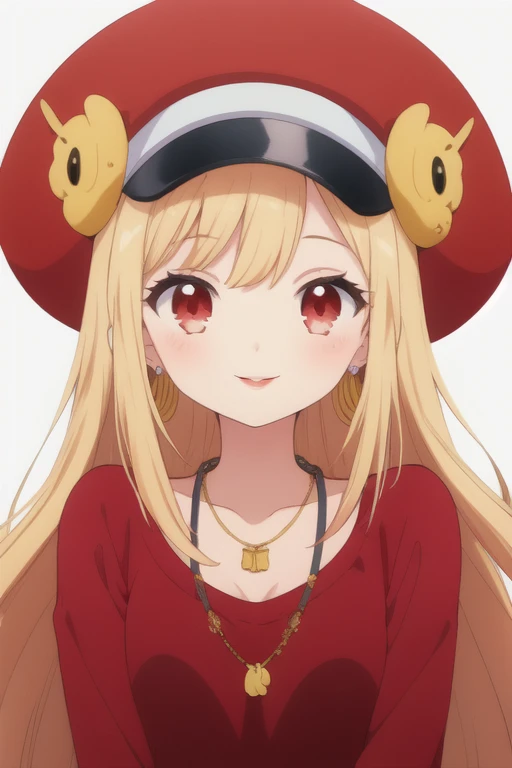 Beautiful anime girl, solo, 1girl, looking at viewer, cute,beautiful, red eyes, open hair, blonde hair, long hair, bangs, wearing a strawhat, Monkey D luffy's strawhat, one piece, smiling, smooth skin, light skin, red lips, golden earings, anime, best quality, masterpiece, extremely detailed, 4k, red eyes, beautiful red eyes, detailed face, detailed eyes, red dress, golden necklace