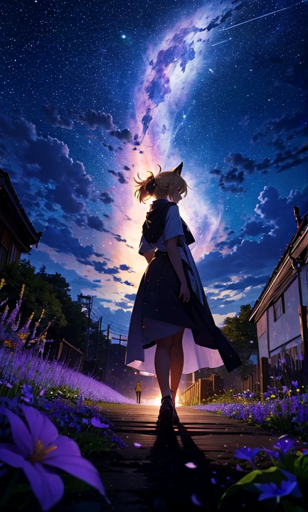 １people々々々々々々々々々々々々々々々々々々,Woman with medium length blonde hair，Fox Ears，Long coat，Takageta， Dress Silhouette， Rear View，Space Sky, Flower Field，Colorful flowers，Dancing Petals，full moon，shrine，