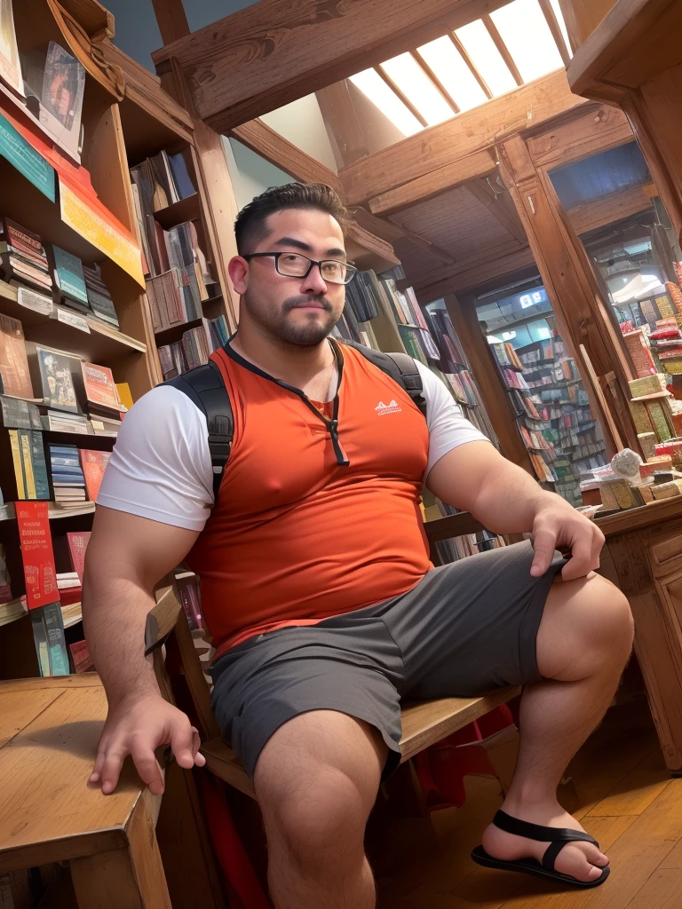 (40 years old daddy:1.1), 1boy, Solo, round face, beefy body, (big shoulders), big pecs, big pectorals, stubbles, Short beard, Beautiful eyes:1.3, (Detailed face:1.3), wearing glasses, Dynamic Angle, volumetric lighting, (Best quality, A high resolution, Photorealistic), Cinematic lighting, Masterpiece, RAW photo, stock photo, Intricate details, hdr, depth of field, there is a man sitting on a wooden floor in a store, the floor look like a bridge, books cave, wonderful masterpiece, interesting shot, tourist photo, shot on canon eos r 5, shot on canon eos r5, by Ni Yuanlu, dao trong le, discovered photo, facing the camera, duy beni serial, quy ho, bookshops, gary, in the background, man wearing orange shirt and red t-shirt inside, gray pants with sandals,