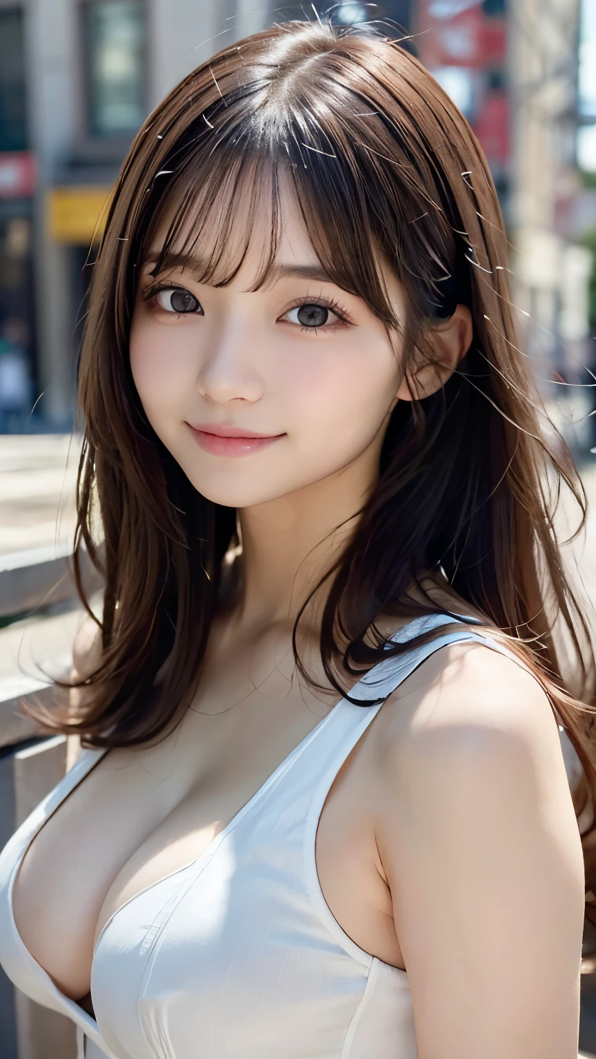 (masterpiece, highest quality: 1.2)、(White skin: 1.3)、(Beautiful Face: 1.3), (超Detailed Background, Detailed Background: 1.3)、Beautiful Japanese Women Photos、Upper body image、(Droopy eyes: 1.3)、Dark brown eyes、Beautiful brown hair、Blunt bangs、Long Hair、((Large Breasts:1.2))、(Bodysuits)、Corset Hinneyskin)、(detailed city background:1.2), (Captivating smile:1.15), Perfect female body