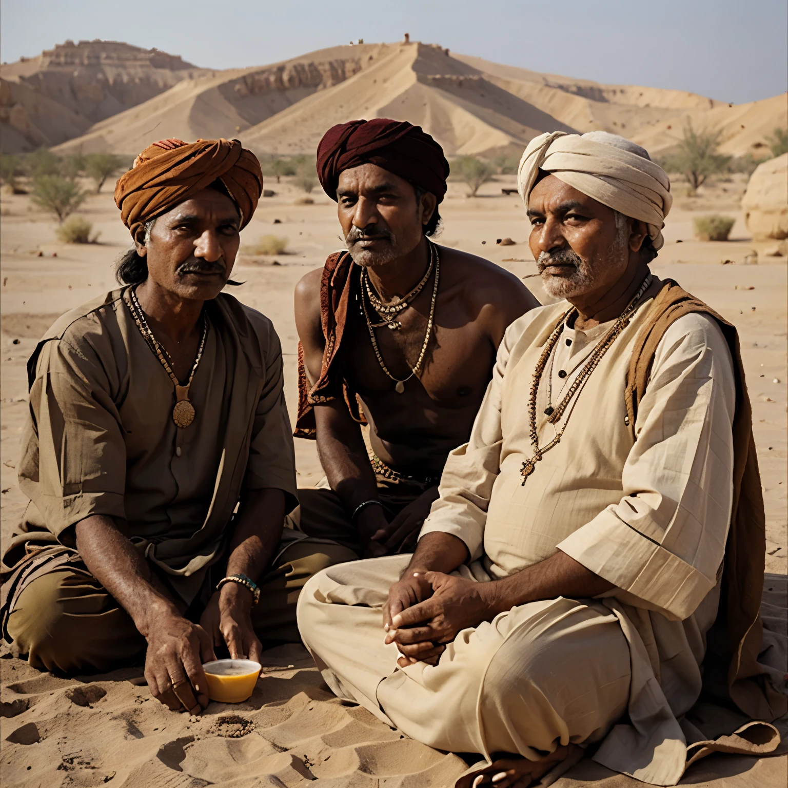 Old Rajasthani men sitting in desert and drinking kulhad lassi