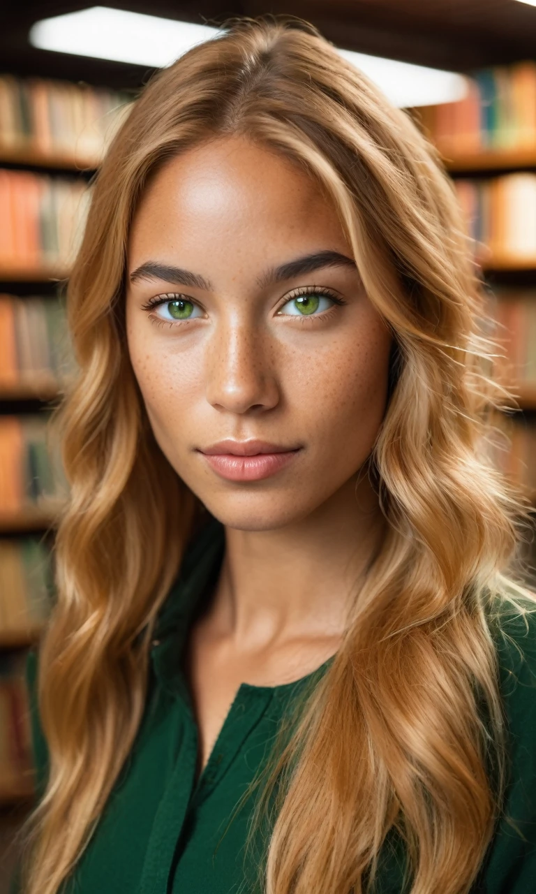 A 30-year-old woman of mixed race, Polish and Zimbabwean descent. She has long caramel blonde hair, green eyes, and a few cute freckles. In the background is a mysterious library