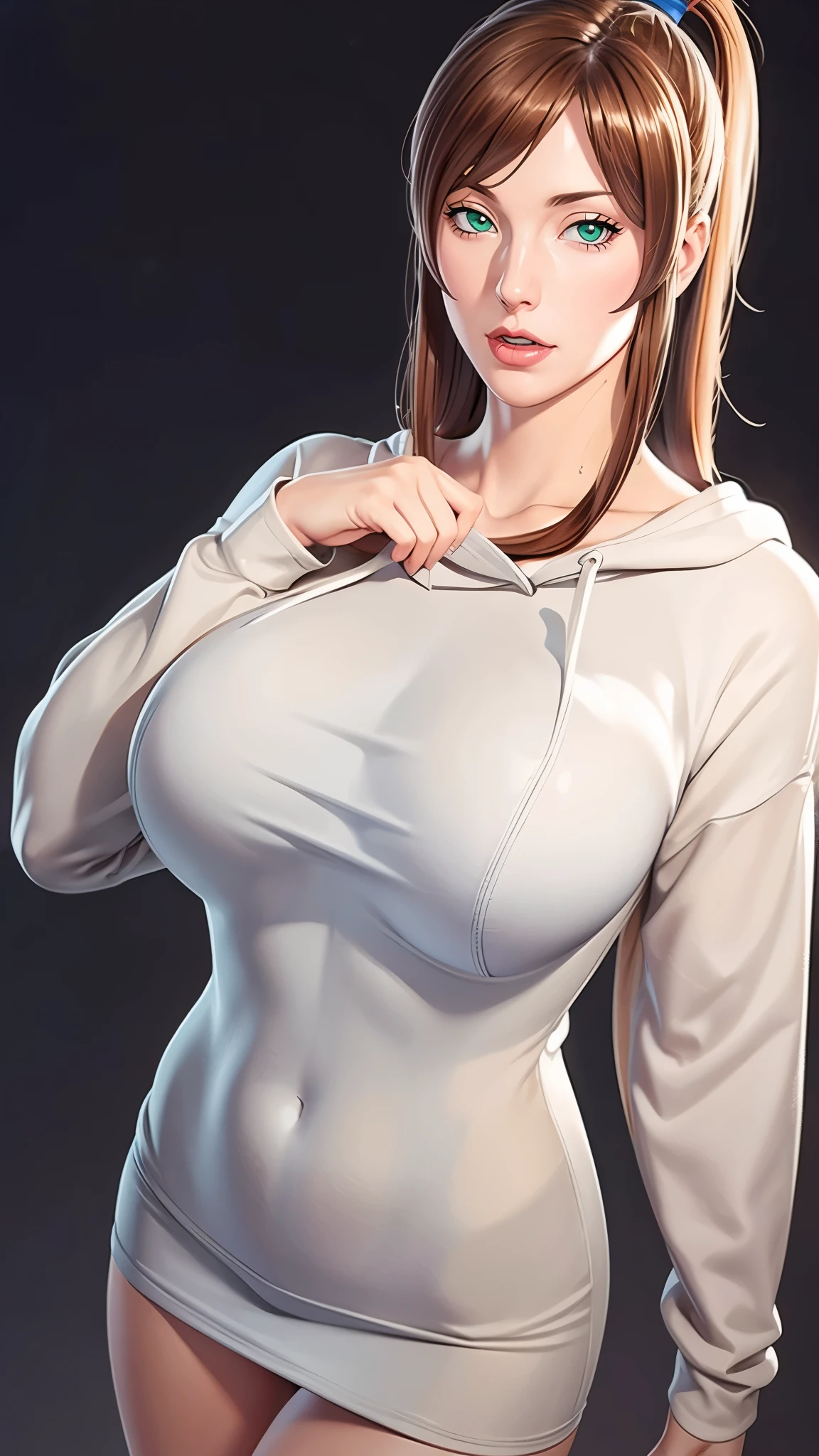 （（（完美figure，figure，solo， White and tender skin，（（（hoodie，wearing a hoodie））），（（（mei_terumi,long hair, brown hair, green eyes, hair over one eye, Red brown crossed long curly hair, right eye covered by hair, pink lips））），((masterpiece)),high resolution, ((Best quality at best))，masterpiece，quality，Best quality，（（（ Exquisite facial features，Looking at the audience,There is light in the eyes，(（（Smile，confidence)））)，））），型figure:1.7））），（（（Light and shadow，Huge breasts））），（（（Looking at the camera，black background，）））