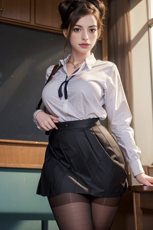 20yo  in school school photo in school masterpiece, (photorealistic:1.4), best quality, beautiful lighting, Anne Hathaway, Woman 20yo Old Big Breasts, Plus Size, Model, lipstick Bun Hair Bun Hair, skirt Lifts, mini Skirt Up, Raised Skirt, wearing Slant Shoulder Chain Strap Dress, Casual Long Sleeve Bodycon Dress. 