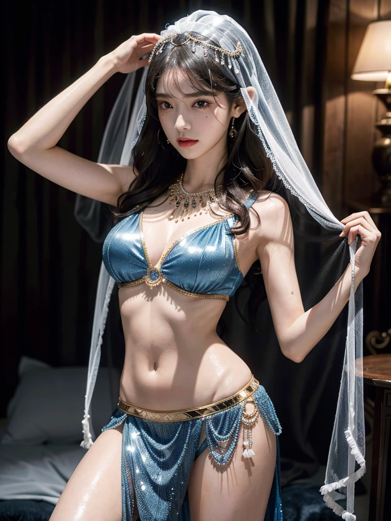 absurdres, RAW photo, extremely delicate and beautiful, masterpiece, Best Quality, ultra high resolution, 32k, hyperrealistic, ultra-detailed, perfect anatomy, anatomically correct, perfect figure, super Detailed skin, pale skin, 20 years old, very Slim body, narrow waist, very small head, very small face, delicate facial features, detailed face, detailed eyes, tearful mole, earring, thin legs, bare legs, ((very huge round breasts)), short medium hair, ((wavy hair)), wet clothes, ((Belly dancer costume)), ((face veil)), anklet,