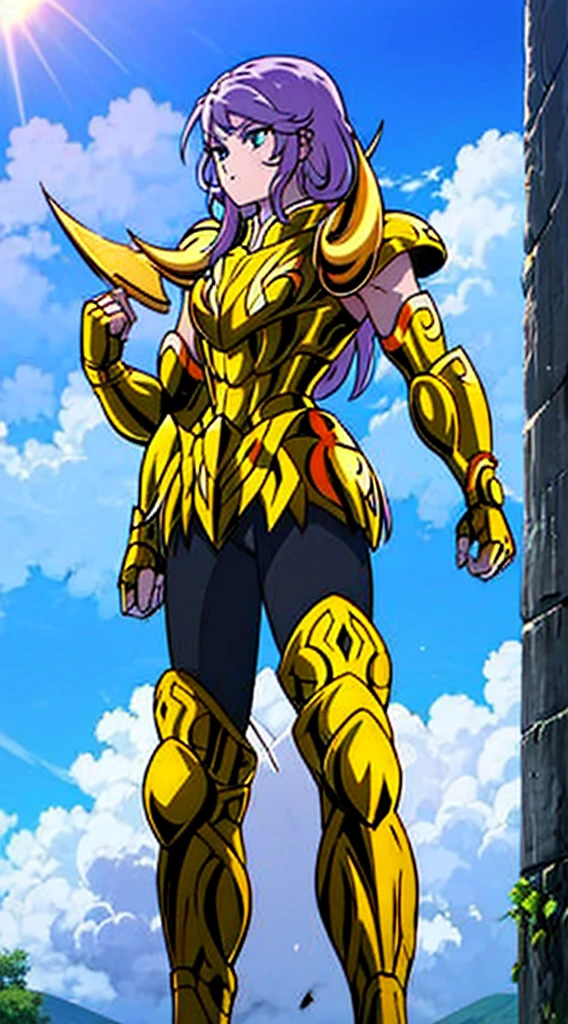 Create a high-quality image of a woman wearing full-body golden armor. She is depicted in a majestic pose, proudly standing amidst a grandiose backdrop. Her armor gleams with the brightness of gold, reflecting the sunlight streaming through the clouds. Her hair cascades over her shoulders, framing her determined and confident face. In her hands, she holds a sword or shield, ready to defend her cause with bravery. In the background, an epic landscape of towering mountains and a vast, infinite sky. This woman is a vision of power and nobility, a fearless leader ready to face any challenge that comes her way.