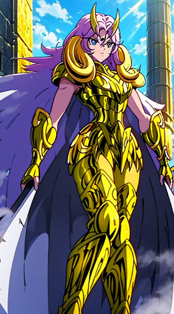 Create a high-quality image of a woman wearing full-body golden armor. She is depicted in a majestic pose, proudly standing amidst a grandiose backdrop. Her armor gleams with the brightness of gold, reflecting the sunlight streaming through the clouds. Her hair cascades over her shoulders, framing her determined and confident face. In her hands, she holds a sword or shield, ready to defend her cause with bravery. In the background, an epic landscape of towering mountains and a vast, infinite sky. This woman is a vision of power and nobility, a fearless leader ready to face any challenge that comes her way.