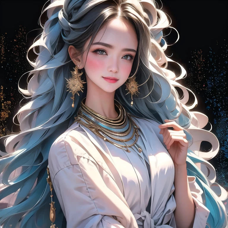 (masterpiece, highest quality, highest quality), (((Perfect body))),Ragged hair,Middle Hair,Chignon Hair,Light blue hair color,Pale black jumpsuit,beautifully,Mysterious:1.2, (One Girl:1.3), Very detailed, Mature Woman,A kind smile,Boston-type glasses, (Mouth closed), (highest qualityのmasterpiece:1.2) Delicate illustrations, Most detailed,Upper body portrait, (Street background:1.3), (Shiny skin), (Many colors:1.4), ,(Earrings),((necklace))), Great trekking shoes:1.3,Walking,