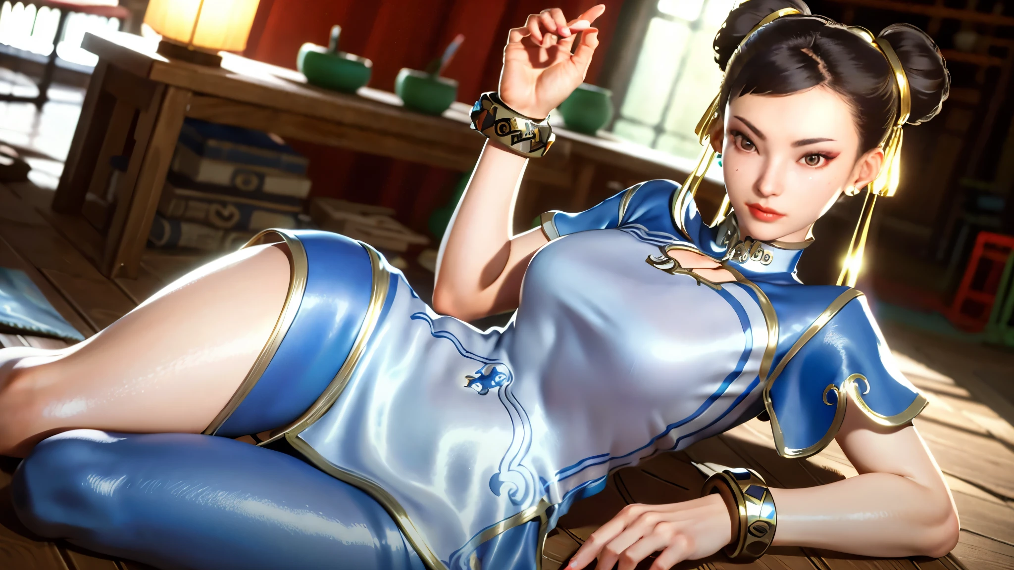 ((Chun li)), She's in a living room, sitting on the couch