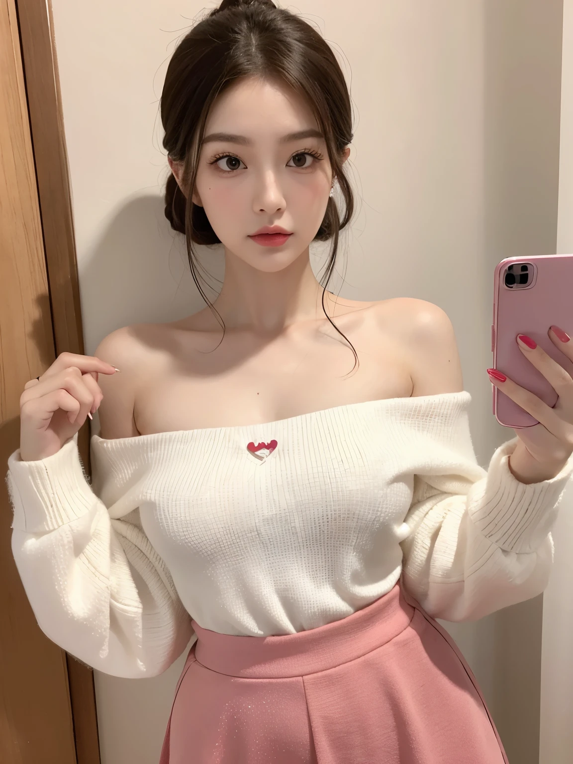 Kim Jennie with white brown hair, con rulos en las puntas, with two bows on each side of the hair, all her hair white brown, with a star clip in her white brown hair, ojos de color claro, ojos bonitos, ojos llorosos, nariz bonita y respingada, nariz lloroso, labios bonitos, labios rosas, heart and cupid shaped lip, piel bonita, pale, piel blanca, con lunares y pecas en todo el rostro, rubor rosa suave en las mejilla, rubor rosa natural, maquillaje suave y rosa, jennie, cuello bonito, cuello marcado, frown, mirada tierna, con un collar de beso, un collar bonito de beso, parecido a Yumeko Jabami, mientras lleva puesto un Crochet YK2, de lana, with a YK2 style brown mini skirt, mientras lleva una casaca con estampados de ositos, mientras tiene el abdomen desnudo, delgado, marcado y bonito, (pechos grandes, pechos suaves, pechos bonitos), mientras esta haciendo cospaly del personaje Yumeko Jabami, del anime Kakegurui, mirando a la camara, autofoto, selfie bonita