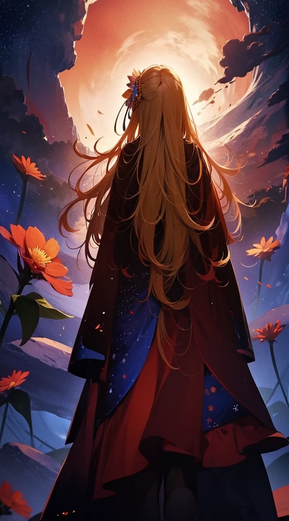 1people々々々々,Blonde long-haired woman,Red long coat, Dress Silhouette, Rear View,Space Sky, Flower Field,Colorful flowers