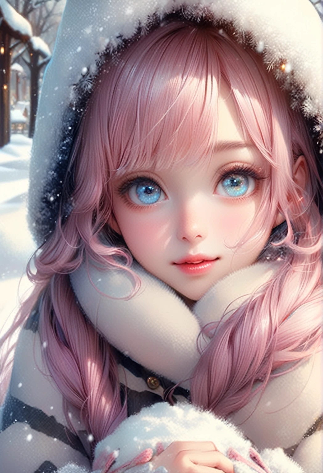 (best quality,16k,highres,masterpiece:1.2,ultra-realistic:1.37),beautiful detailed eyes,beautiful detailed lips,extremely detailed eyes and face,long eyelashes,(a cute girl, crawling in a snowy garden,playful and happy,beautifully illustrated,pastel colors,whimsical,artistic,light and bright,soft lighting,fluffy fur, snowy wonderland)
