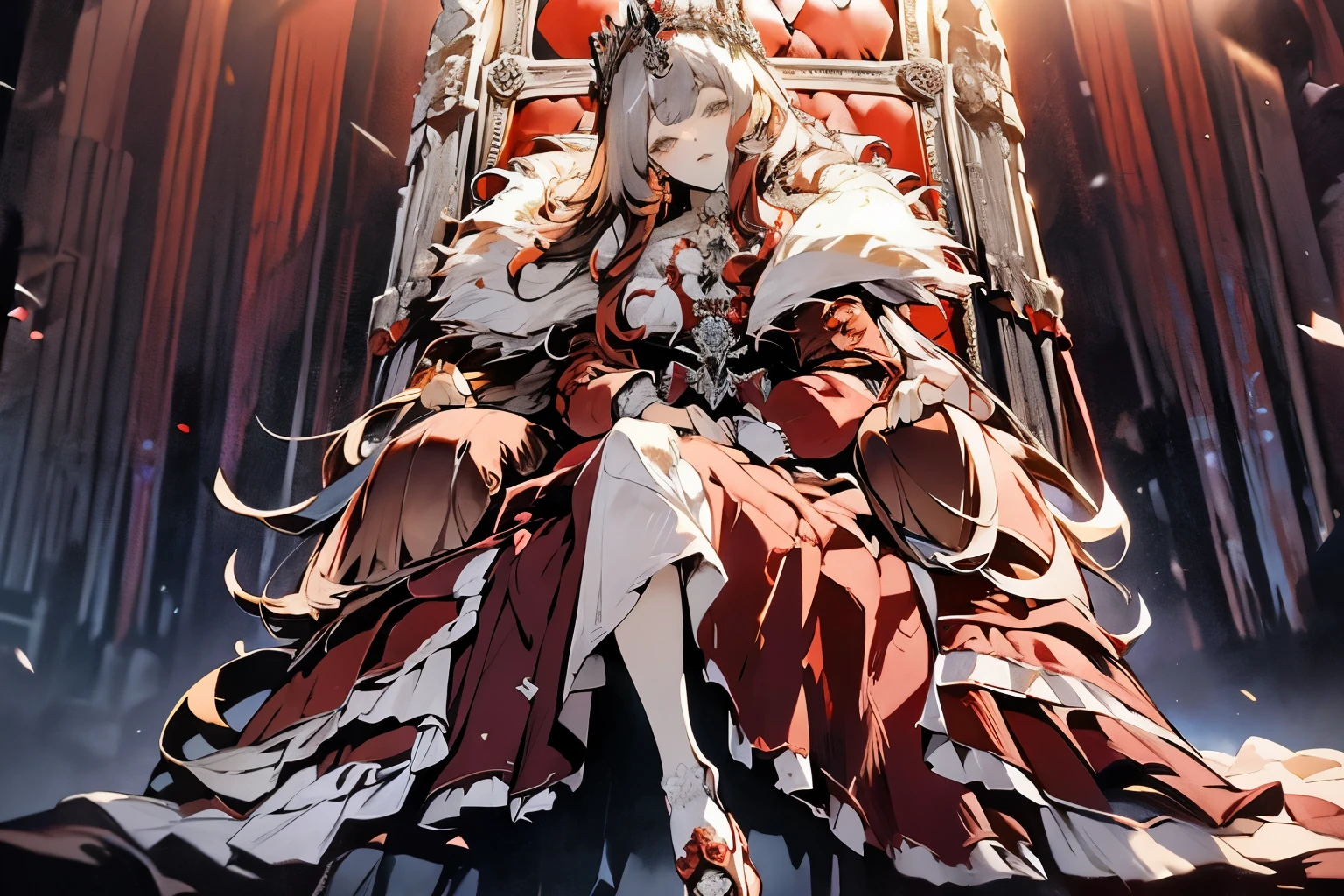 An adult woman wearing a medieval dress in white and red, with a super voluminous skirt, princess-style round skirt, high collar covering the body from neck to feet, covered neck, long fur coat, delicate face, detailed eyes, detailed lips, sitting on a throne of skulls (high quality, masterpiece, high resolution, detailed).